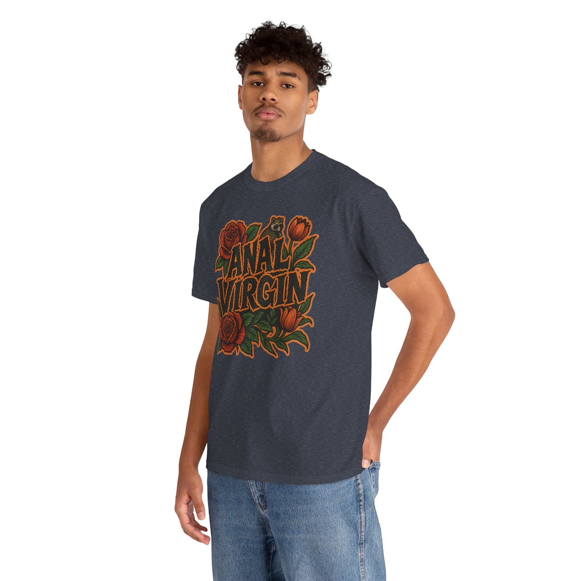 Anal Virgin Bold Floral Trashcore Tee – Funny Raccoon Shirt – Gildan 5000