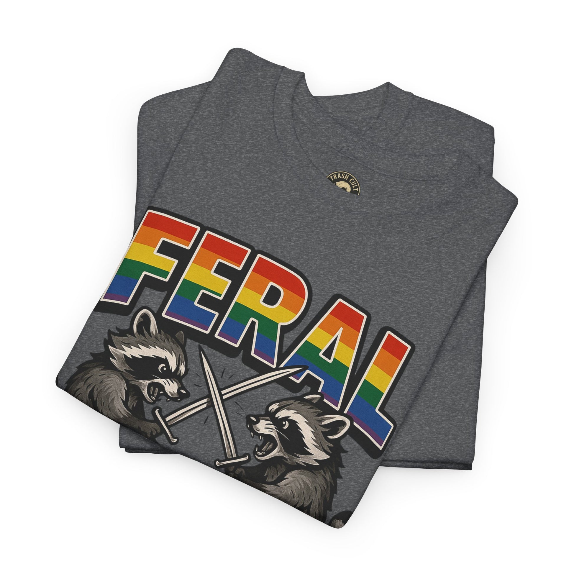 FERAL Rainbow Raccoon Sword Fighting Graphic Tee – Gildan 5000 Heavy Cotton