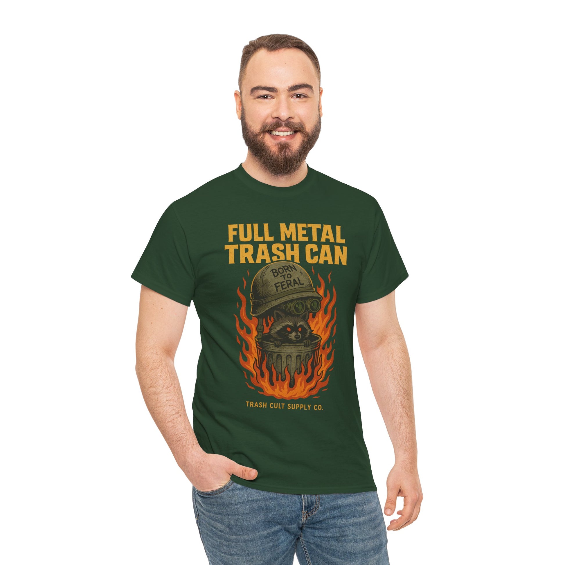 Full Metal Trash Can T-Shirt – Born to Feral Raccoon Graphic | Trash Cult Supply Co. | Gildan 5000 Tee