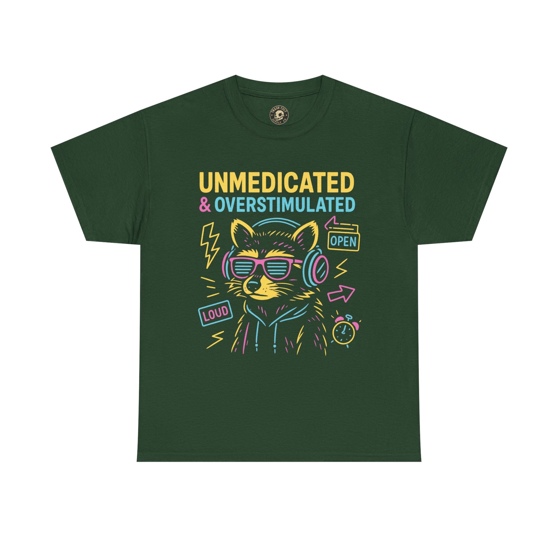 Unmedicated & Overstimulated Neon Raccoon ADHD Shirt – Trash Cult Supply Co. – Gildan 5000