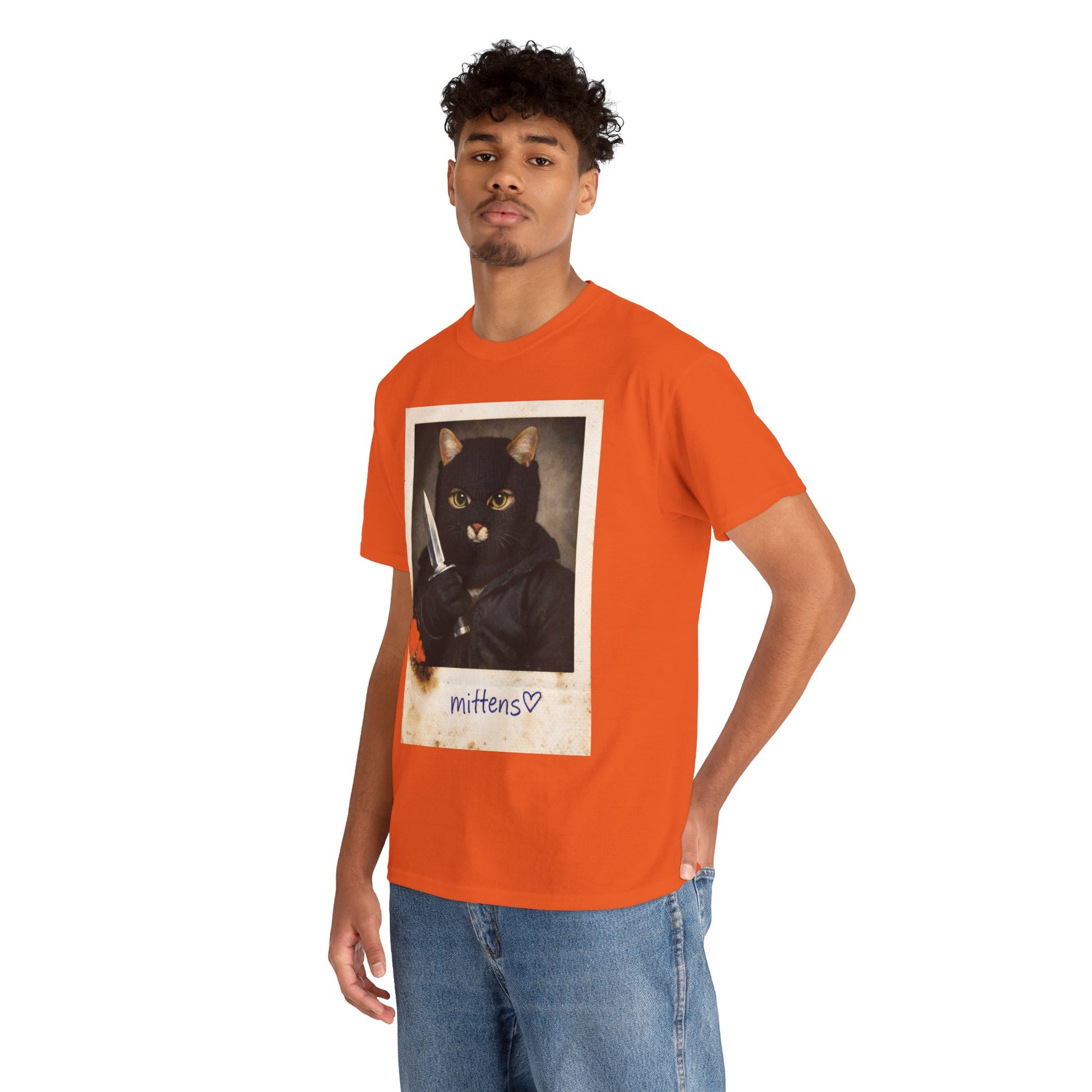 Cat With Knife Tee — "Mittens" Dark Humor Vintage Polaroid Graphic T-Shirt