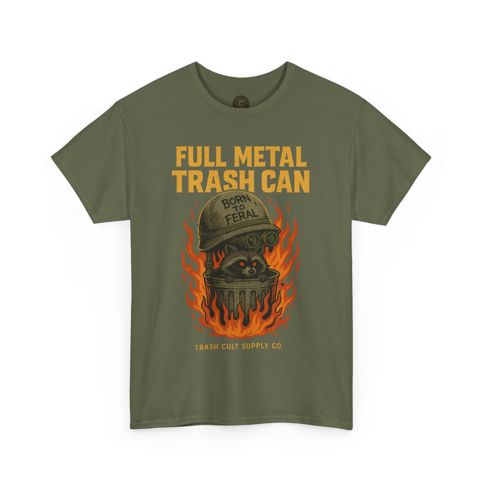 Full Metal Trash Can T-Shirt – Born to Feral Raccoon Graphic | Trash Cult Supply Co. | Gildan 5000 Tee