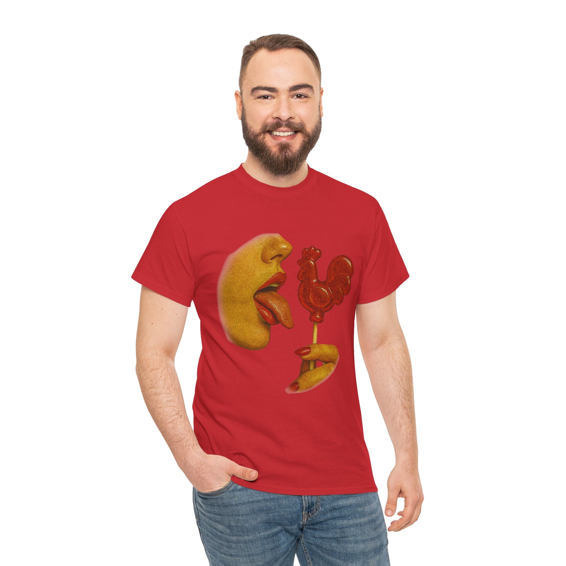Bold Retro Halftone Tease – Red Rooster Lollipop Graphic Tee