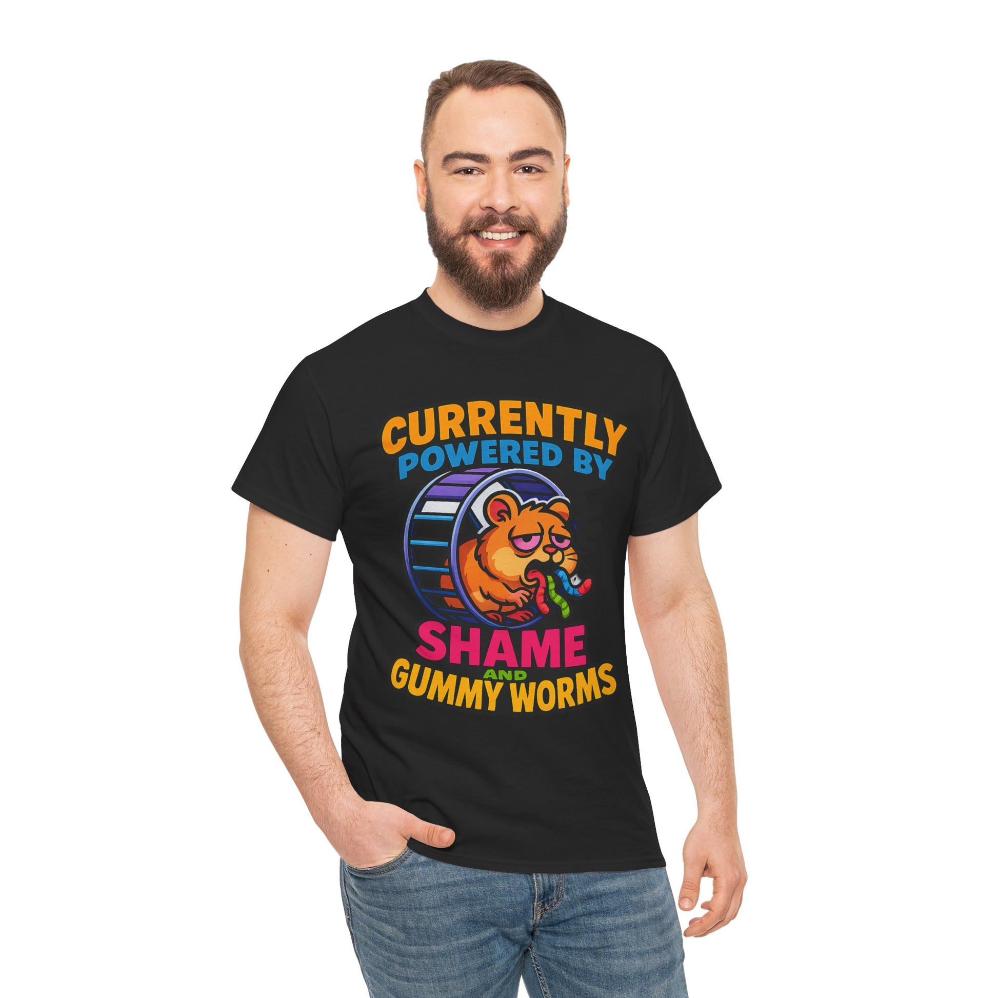 Gummy Worms Shame Tee – Funny Cotton T-Shirt, Powered by Shame & Snacks, Quirky Gift for Animal Lovers