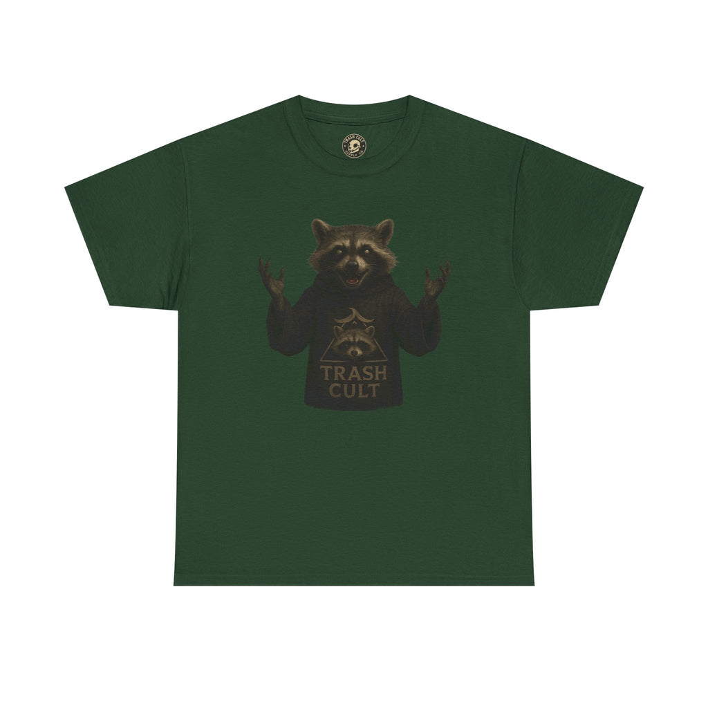 Raccoon Cult Leader Shirt – Trash Cult Unhinged Mascot Tee for Dark Fabrics | Gildan 5000