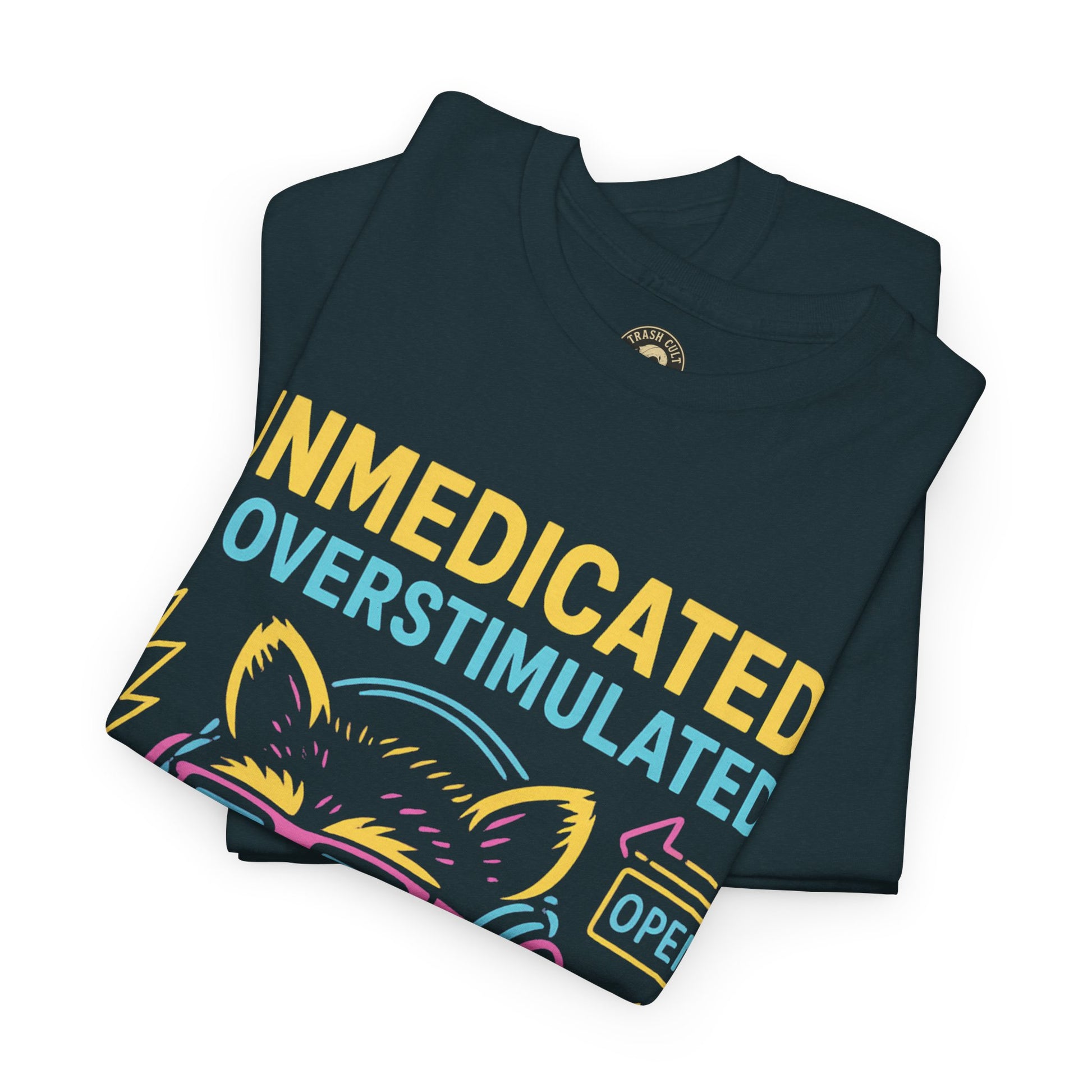 Unmedicated & Overstimulated Neon Raccoon ADHD Shirt – Trash Cult Supply Co. – Gildan 5000