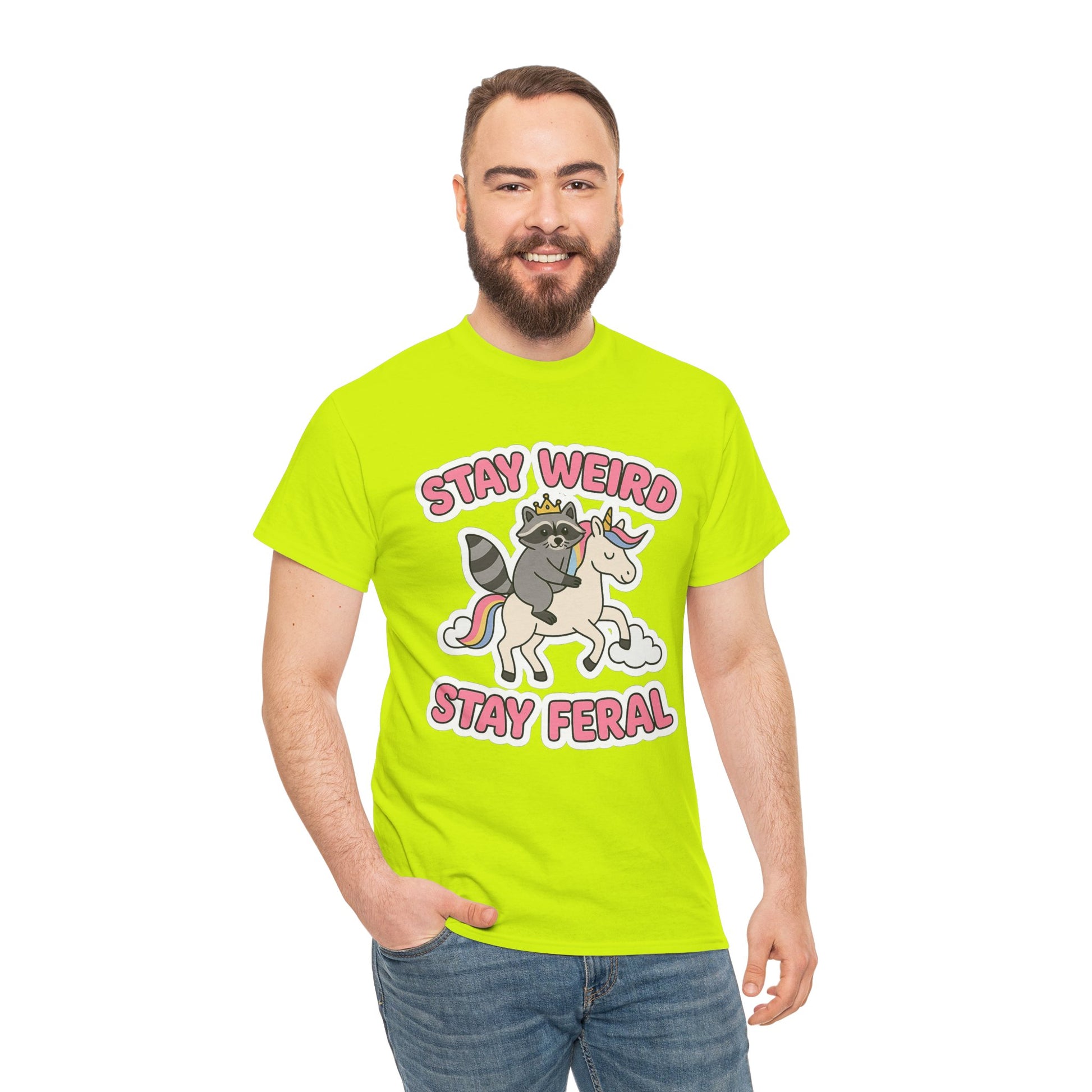 Stay Weird Stay Feral Shirt – Raccoon & Unicorn – High Visibility Gildan 5000 Tee