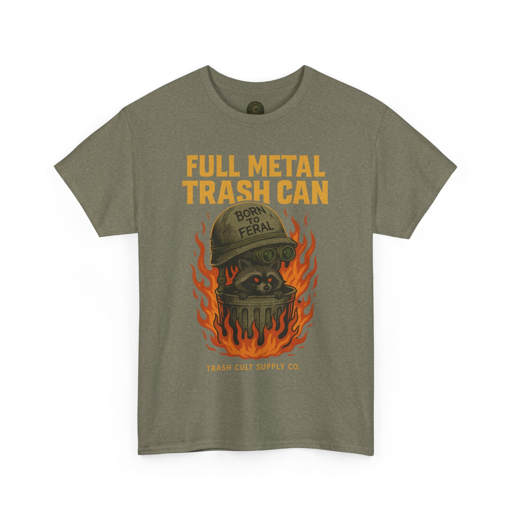 Full Metal Trash Can T-Shirt – Born to Feral Raccoon Graphic | Trash Cult Supply Co. | Gildan 5000 Tee