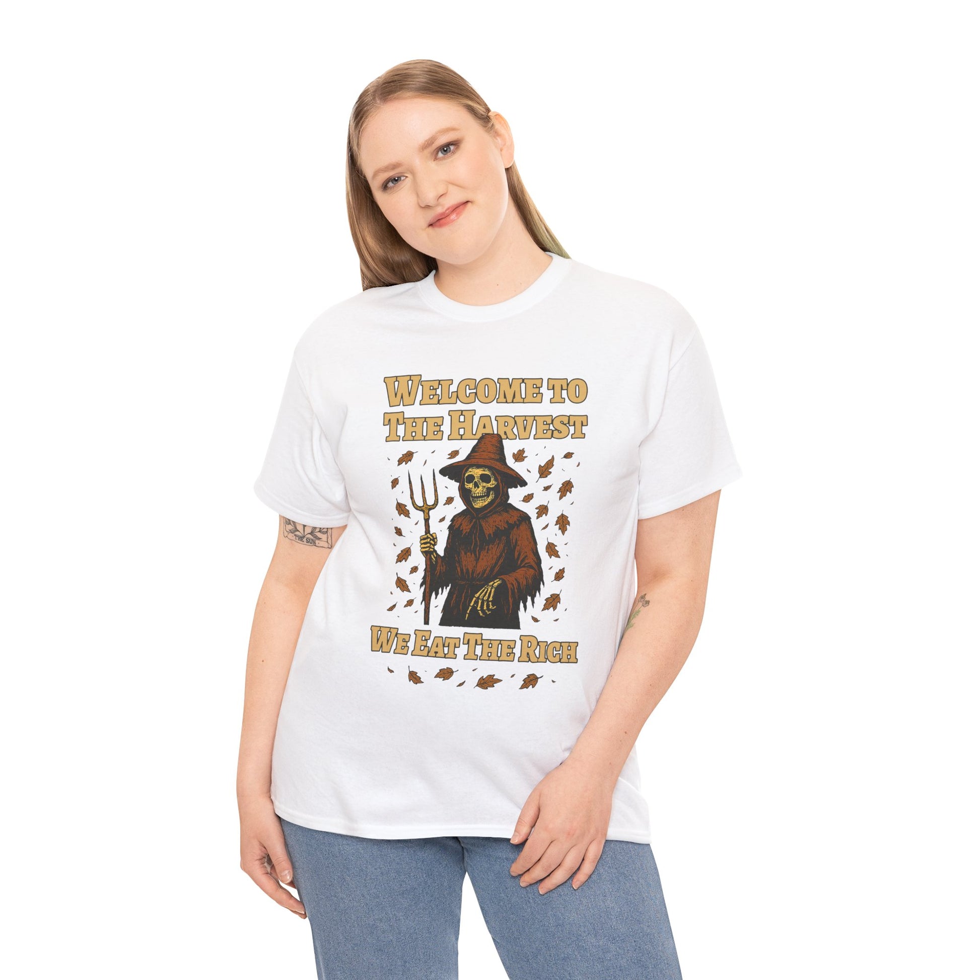 Eat the Rich Shirt – Welcome to the Harvest Skeleton Scarecrow Tee – Fall of Humanity Collection – Trash Cult Supply Co.