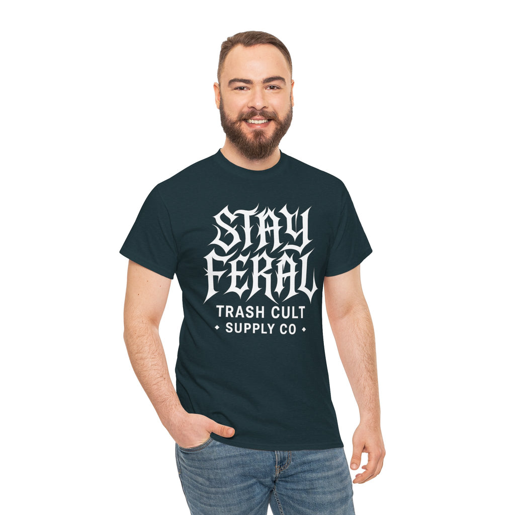 Unisex Heavy Cotton Tee - Stay Feral Graphic Tee, Streetwear Shirt, Gift for Wild Spirits, Eco-Friendly Casualwear, Summer Fashion