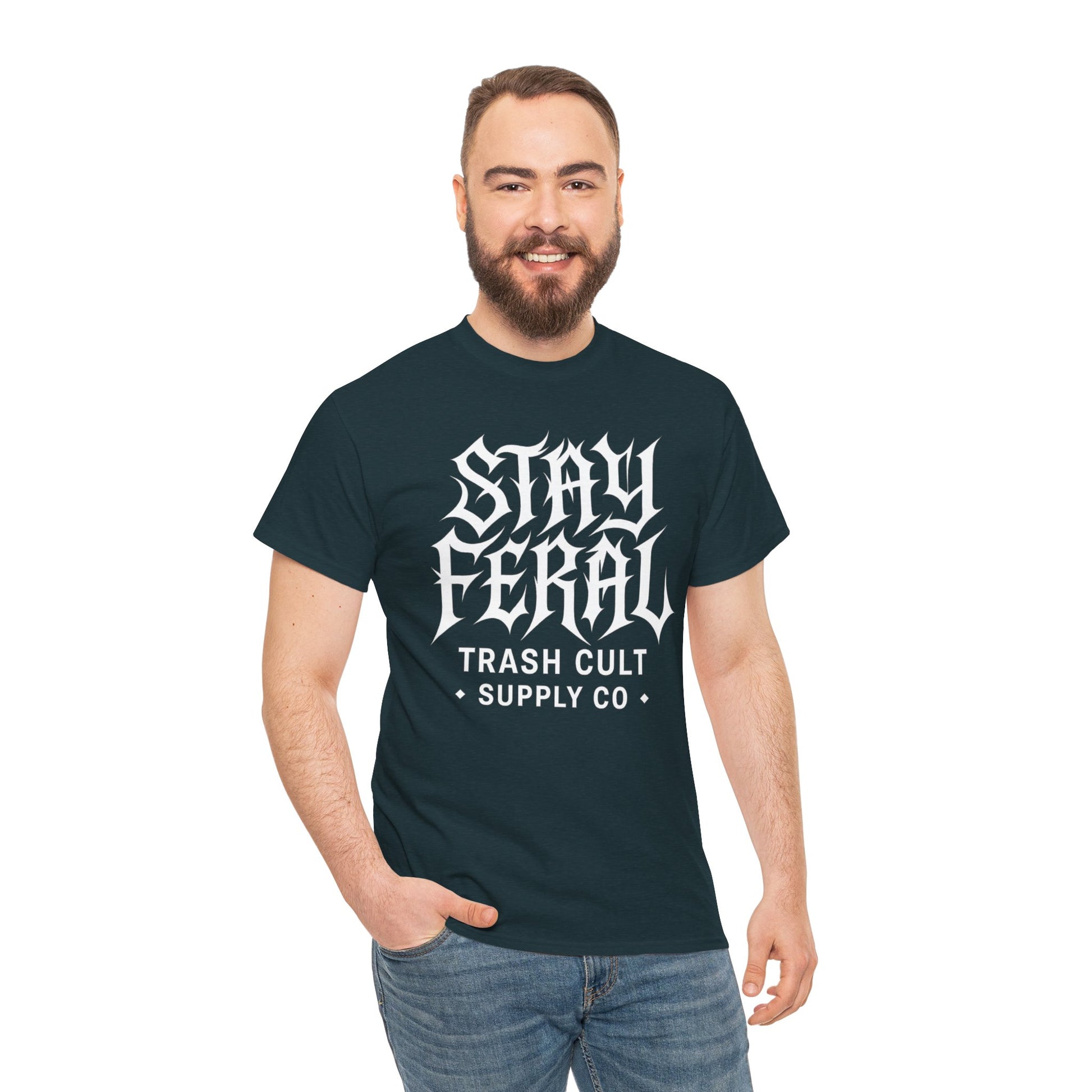 Unisex Heavy Cotton Tee - Stay Feral Graphic Tee, Streetwear Shirt, Gift for Wild Spirits, Eco-Friendly Casualwear, Summer Fashion