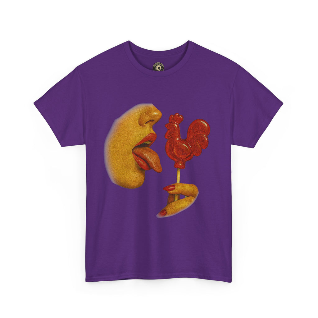 Bold Retro Halftone Tease – Red Rooster Lollipop Graphic Tee