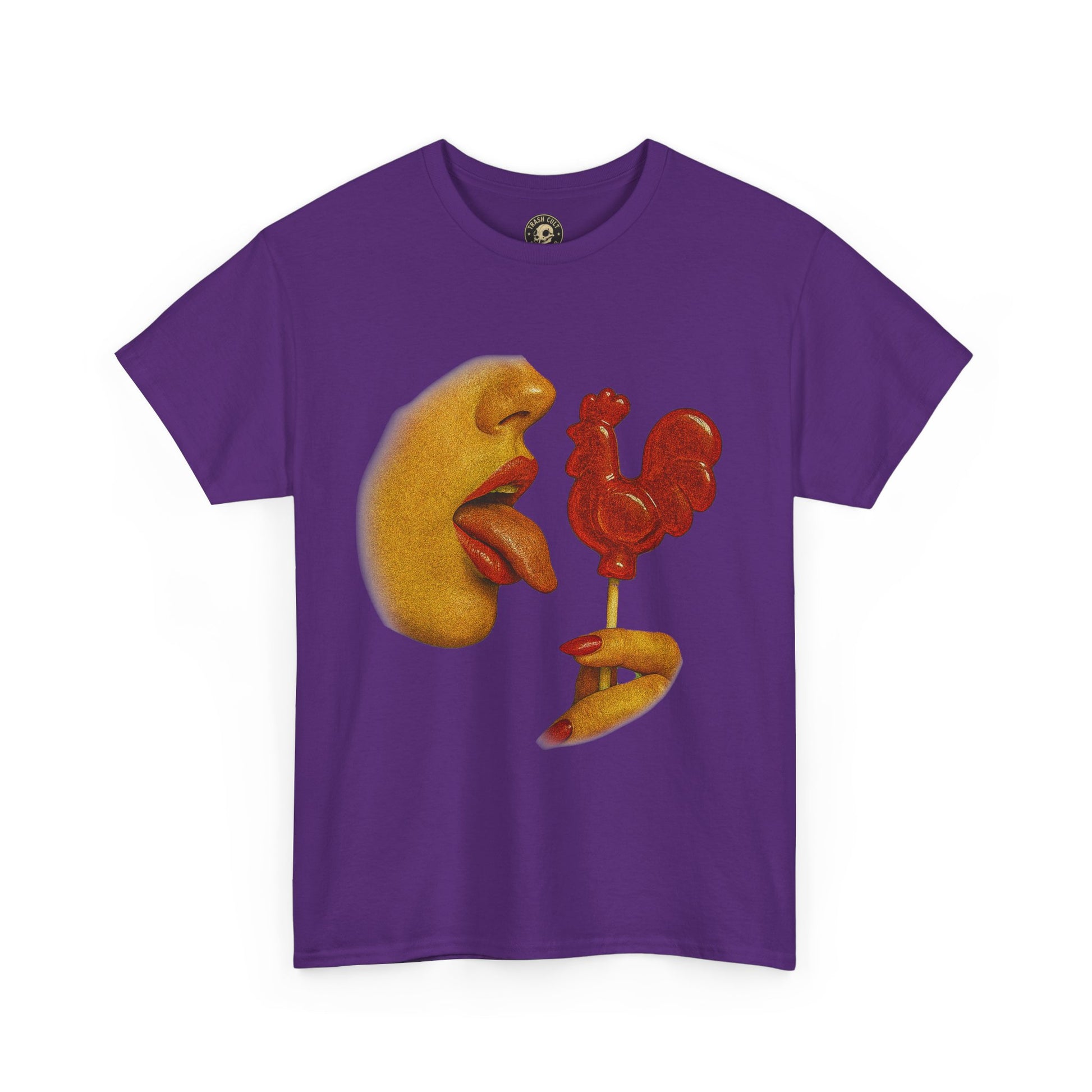 Bold Retro Halftone Tease – Red Rooster Lollipop Graphic Tee