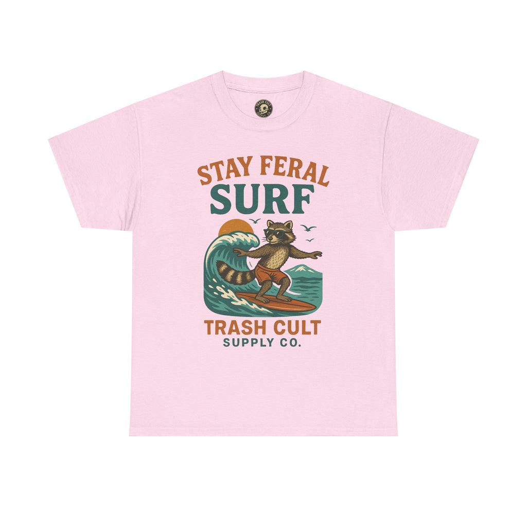 Stay Feral Surf Shirt – Retro Raccoon Beach Tee – Trash Cult Supply Co – Gildan 5000