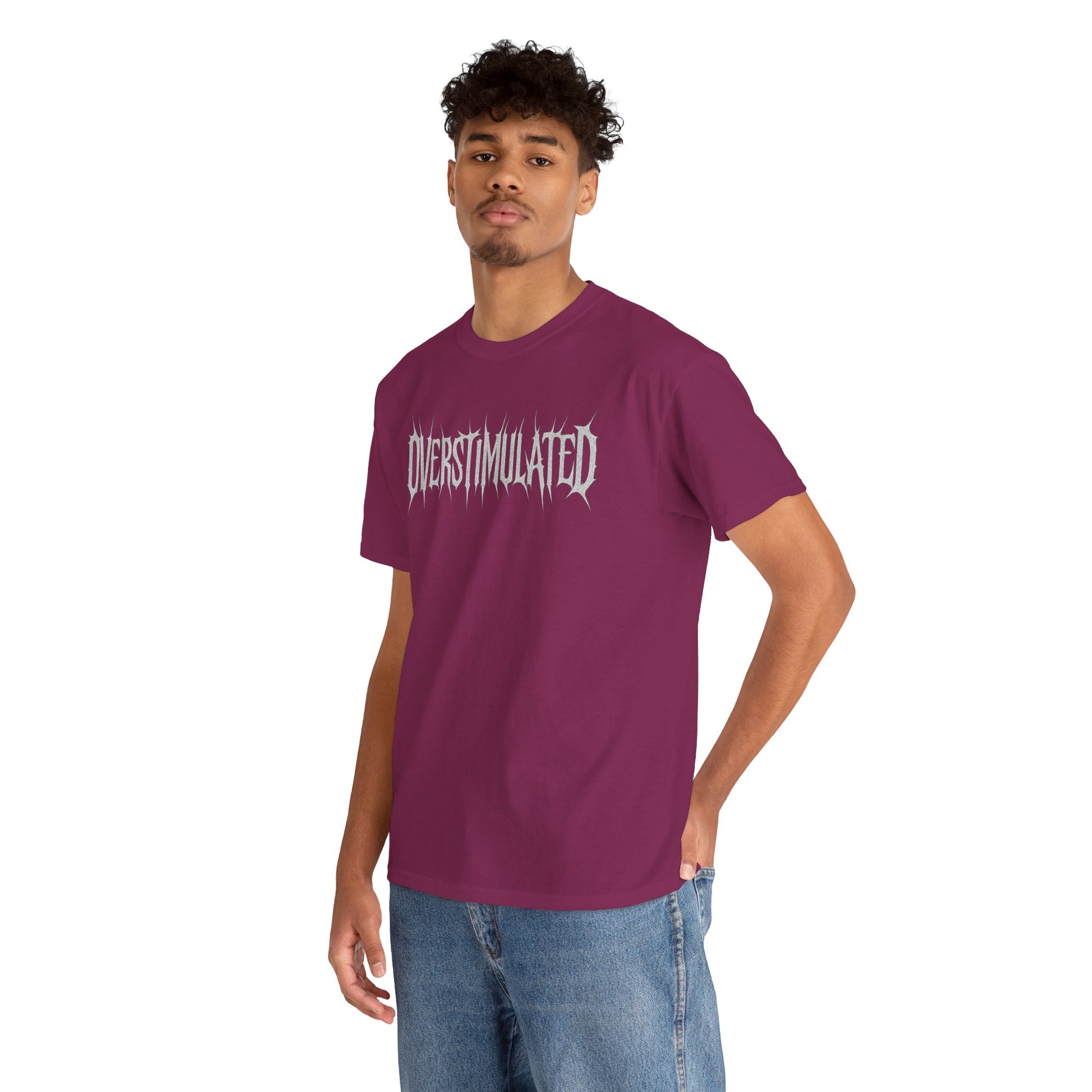 OVERSTIMULATED Metalcore Grunge Shirt – White on Black Distressed Font Tee