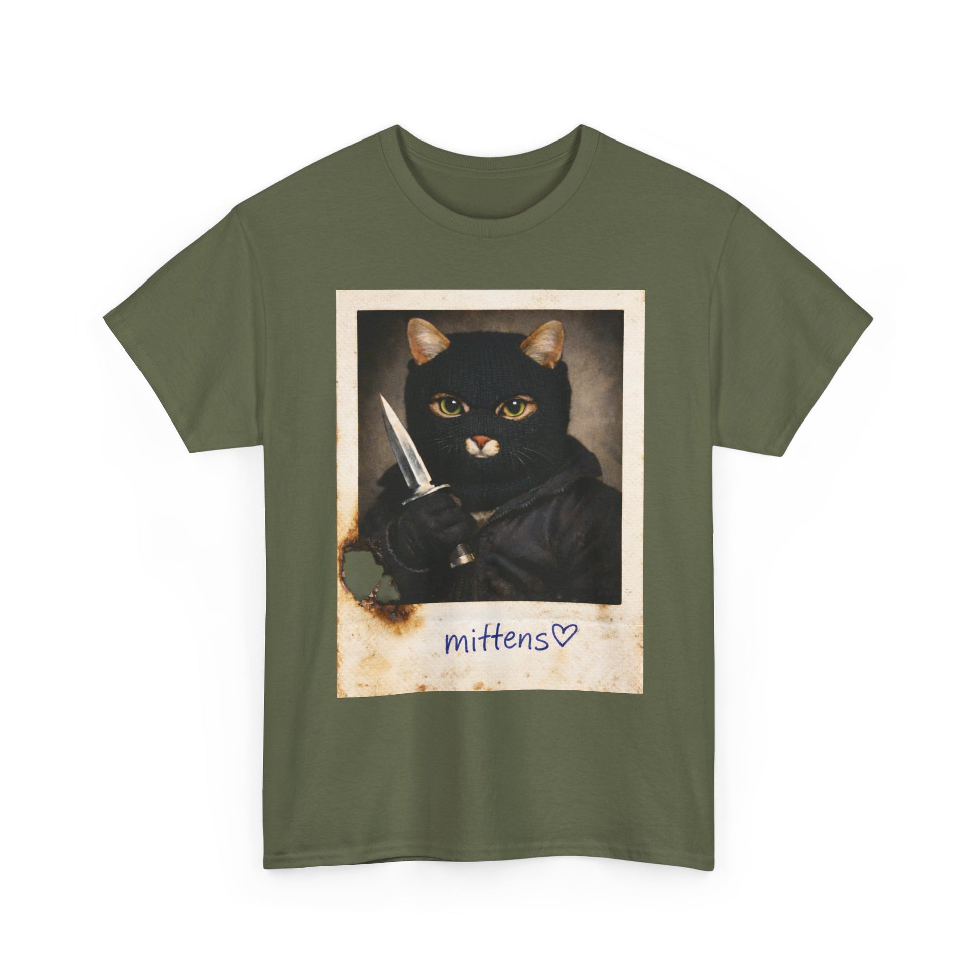 Cat With Knife Tee — "Mittens" Dark Humor Vintage Polaroid Graphic T-Shirt