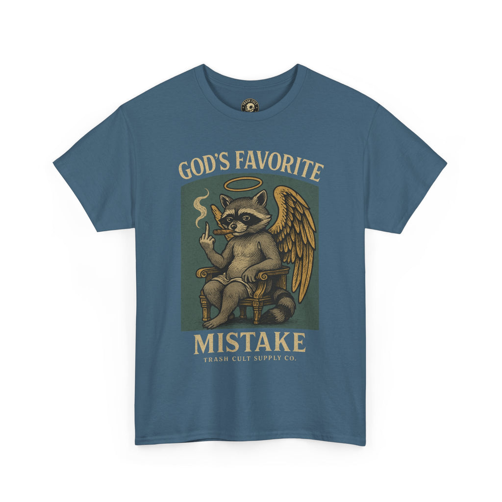 God’s Favorite Mistake Shirt – Raccoon Angel Flipping the Bird by Trash Cult Supply Co.
