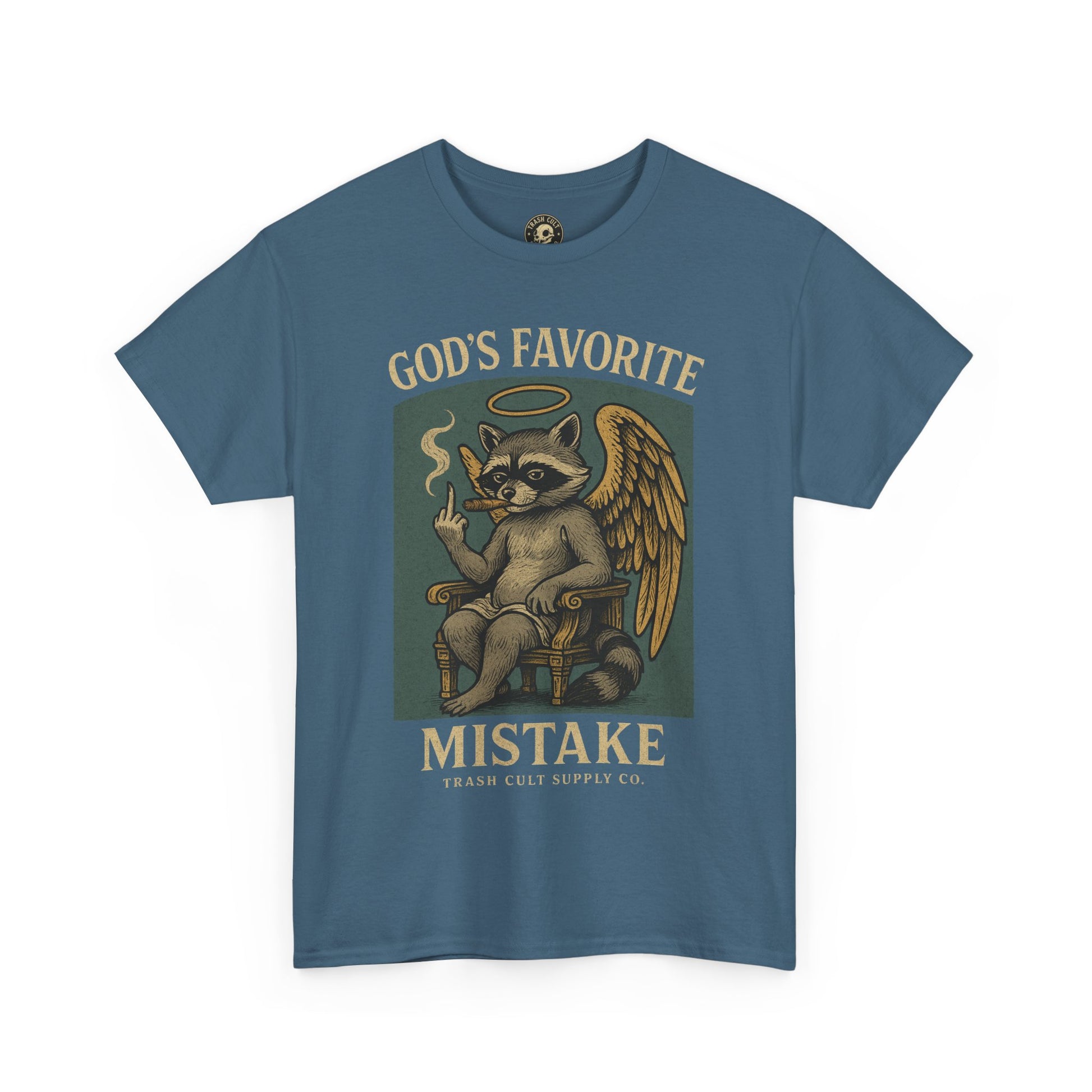 God’s Favorite Mistake Shirt – Raccoon Angel Flipping the Bird by Trash Cult Supply Co.