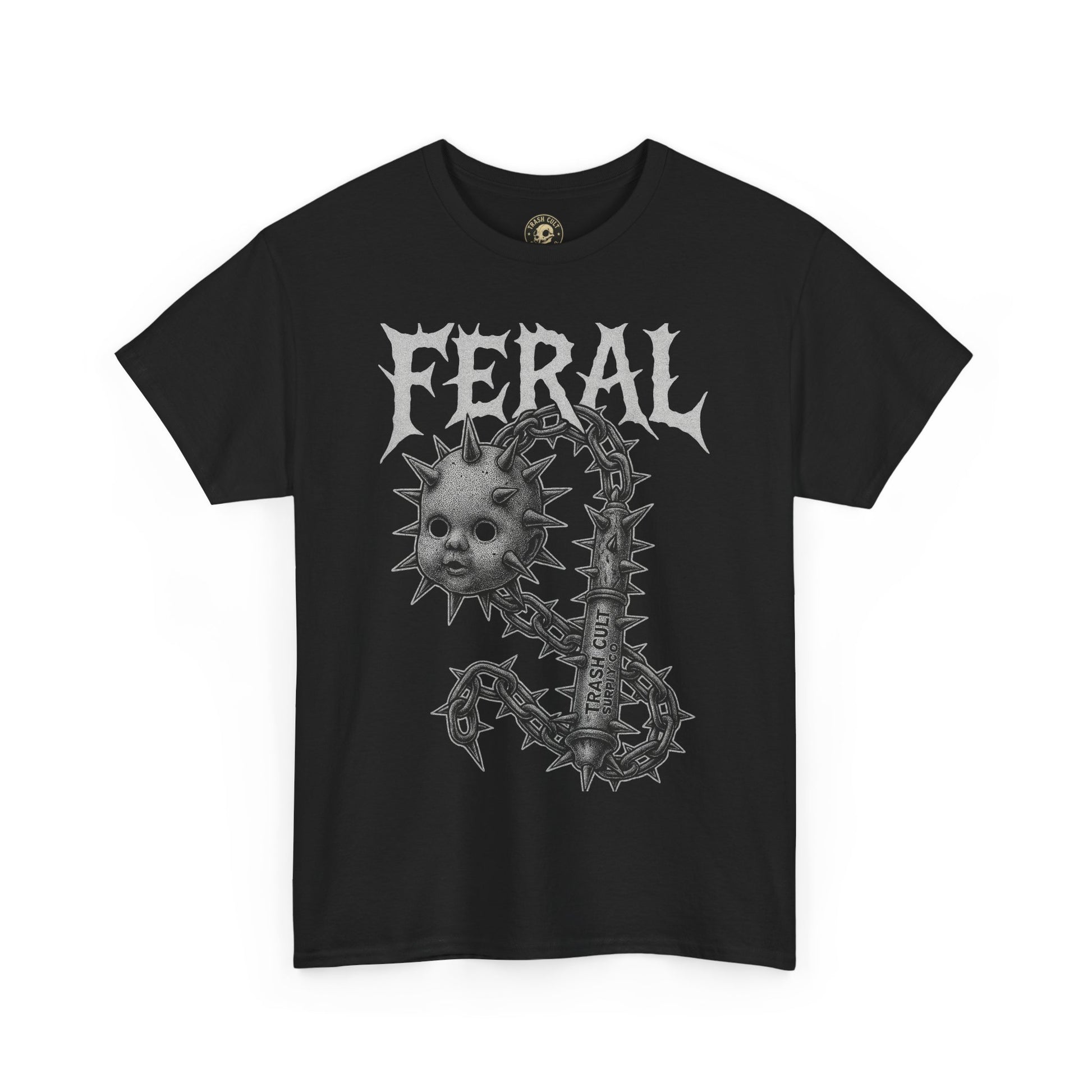 FERAL Spiked Doll Flail Tee – Halftone Gothic Weapon Shirt | Trash Cult Supply Co. | Gildan 5000
