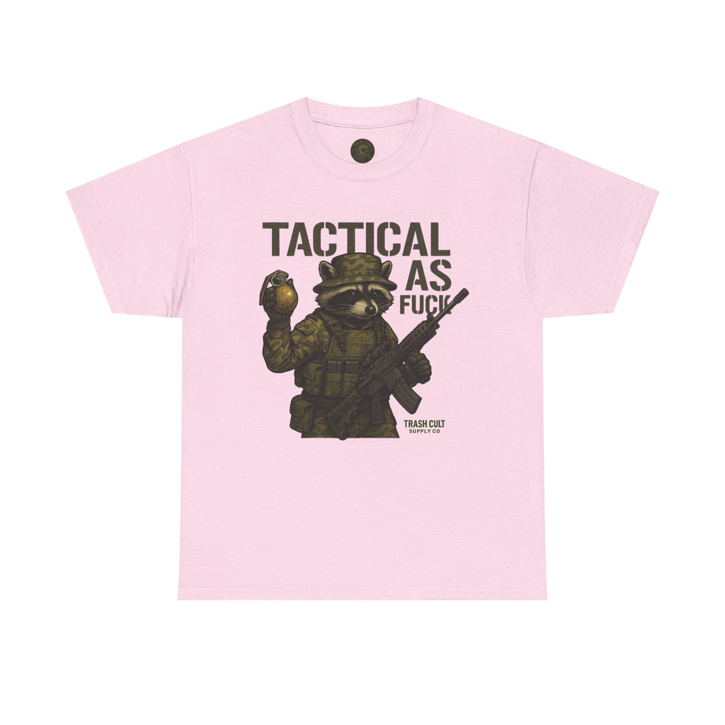Tactical As F*** T-Shirt – Armed Raccoon Military Humor Tee | Trash Cult Supply Co. | Gildan 5000 Heavy Cotton