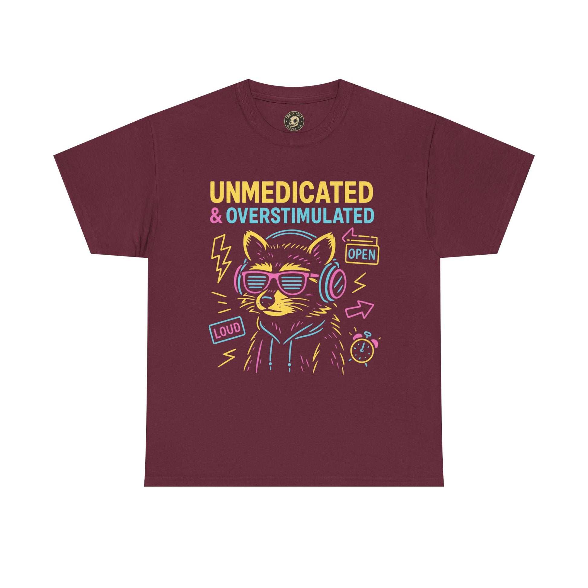 Unmedicated & Overstimulated Neon Raccoon ADHD Shirt – Trash Cult Supply Co. – Gildan 5000