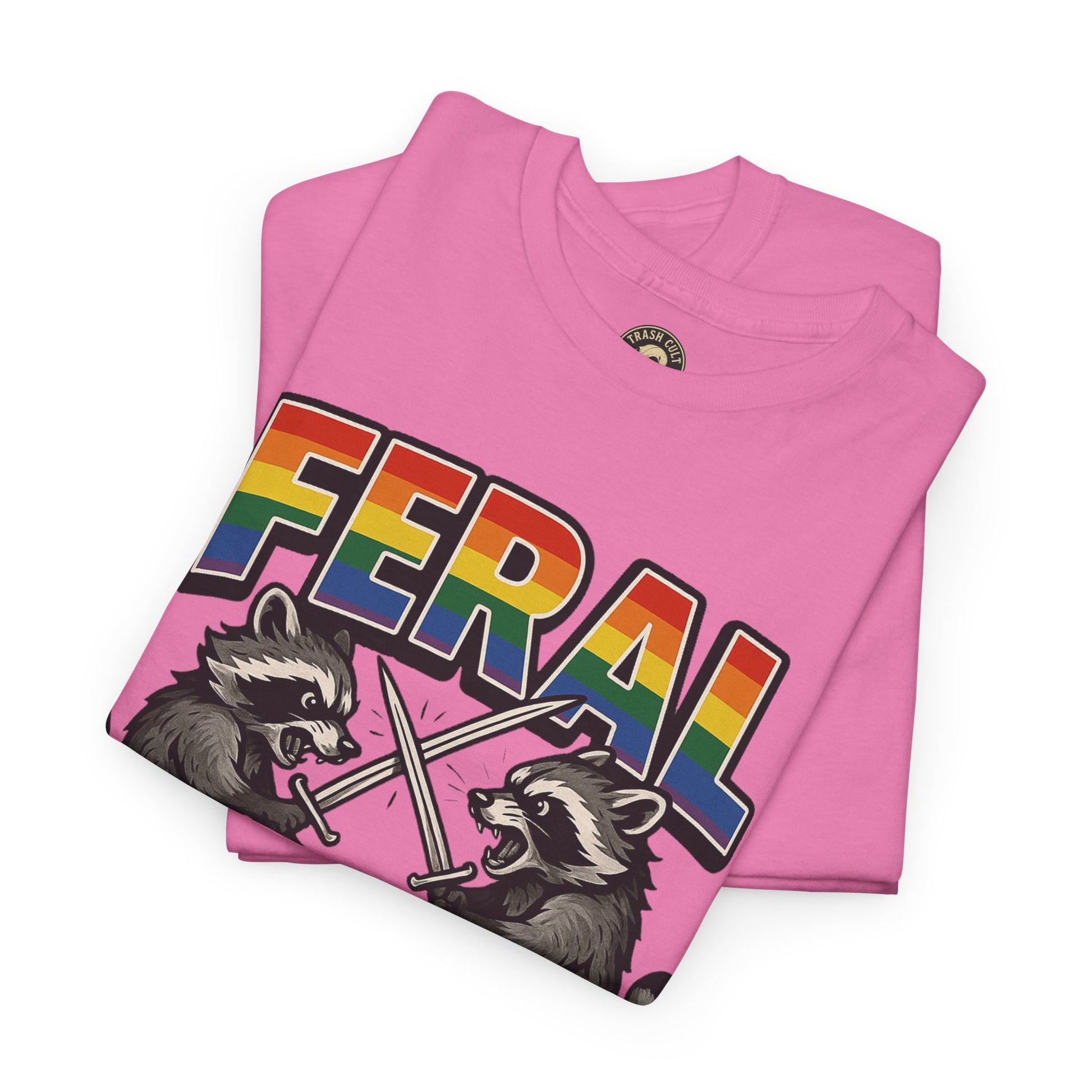 FERAL Rainbow Raccoon Sword Fighting Graphic Tee – Gildan 5000 Heavy Cotton