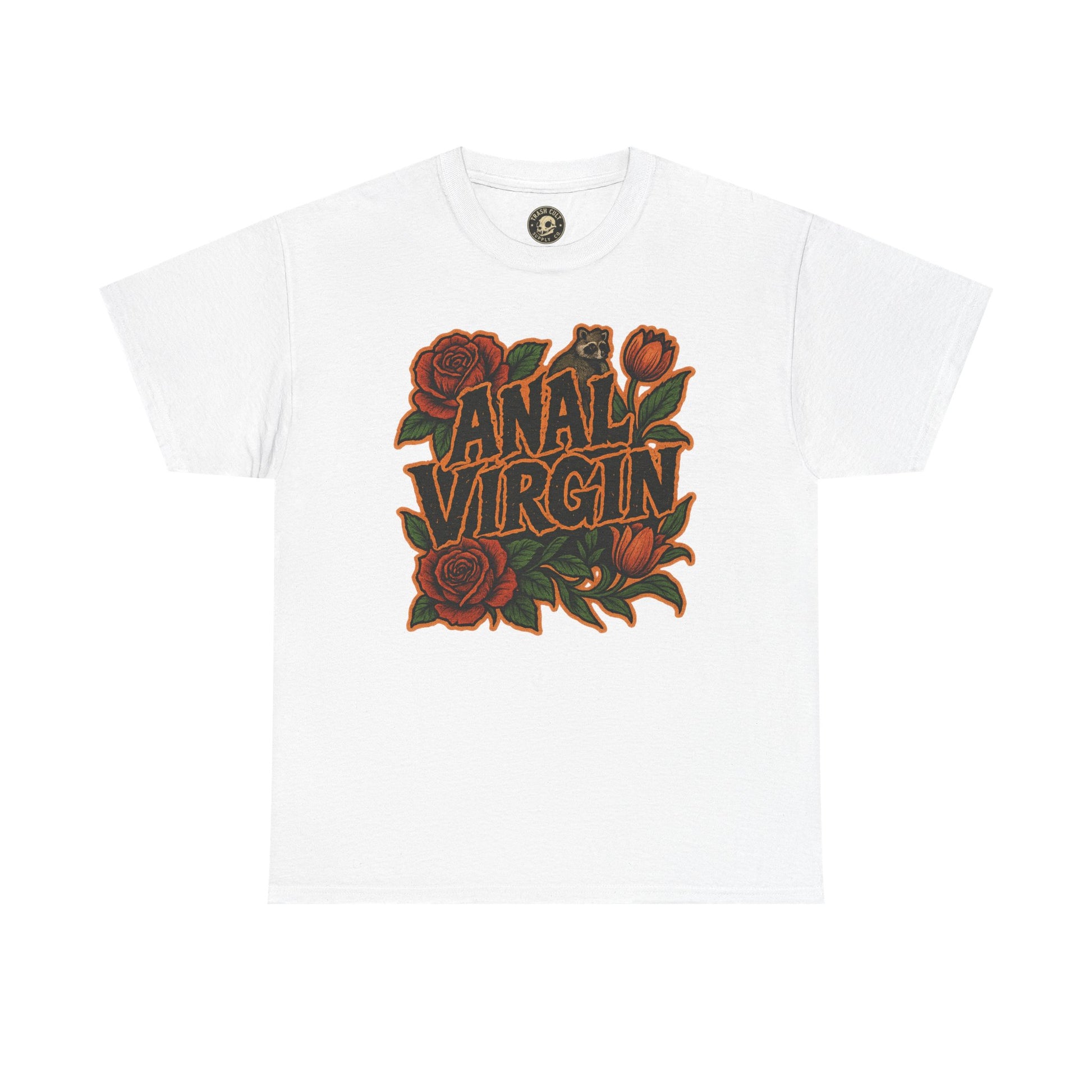Anal Virgin Bold Floral Trashcore Tee – Funny Raccoon Shirt – Gildan 5000