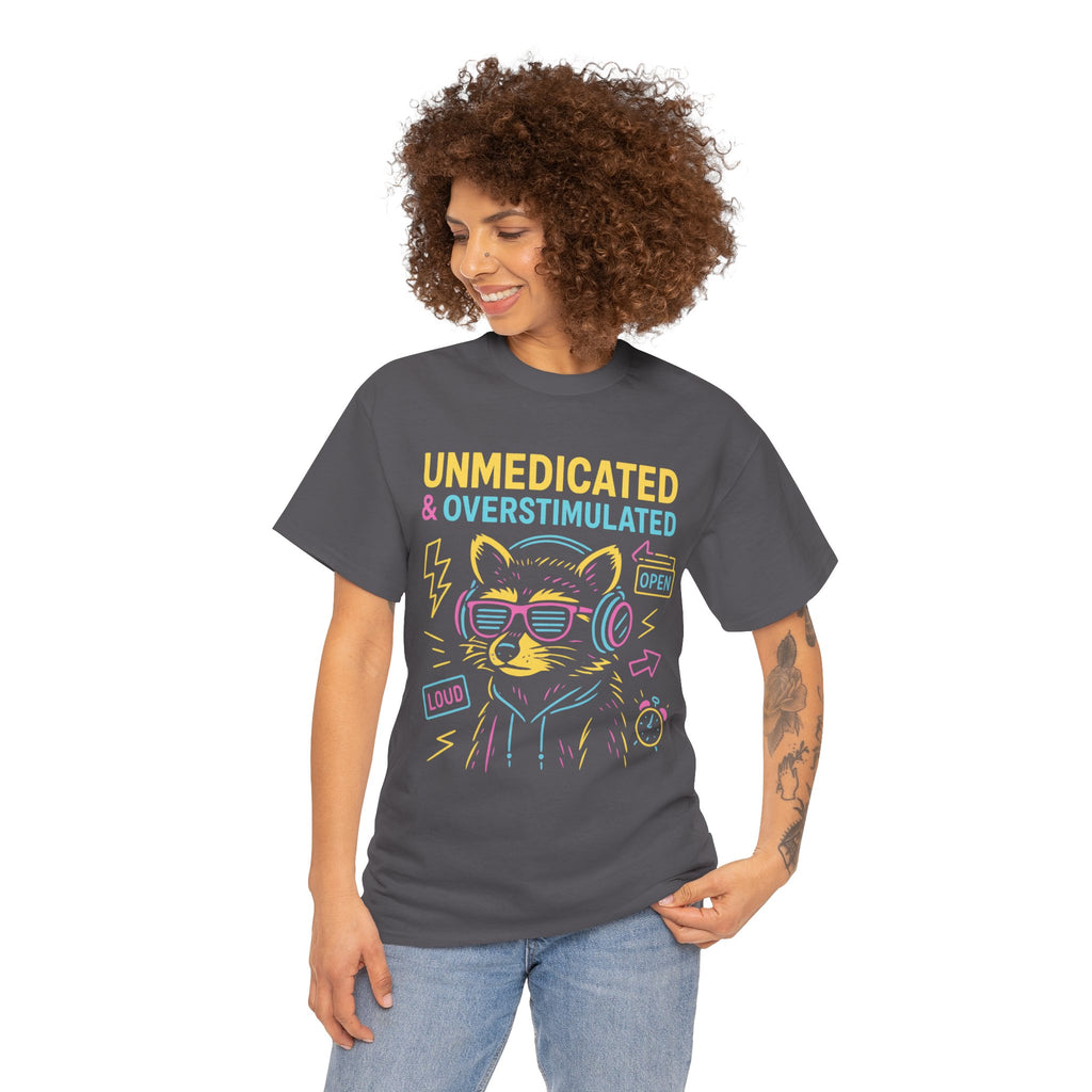 Unmedicated & Overstimulated Neon Raccoon ADHD Shirt – Trash Cult Supply Co. – Gildan 5000