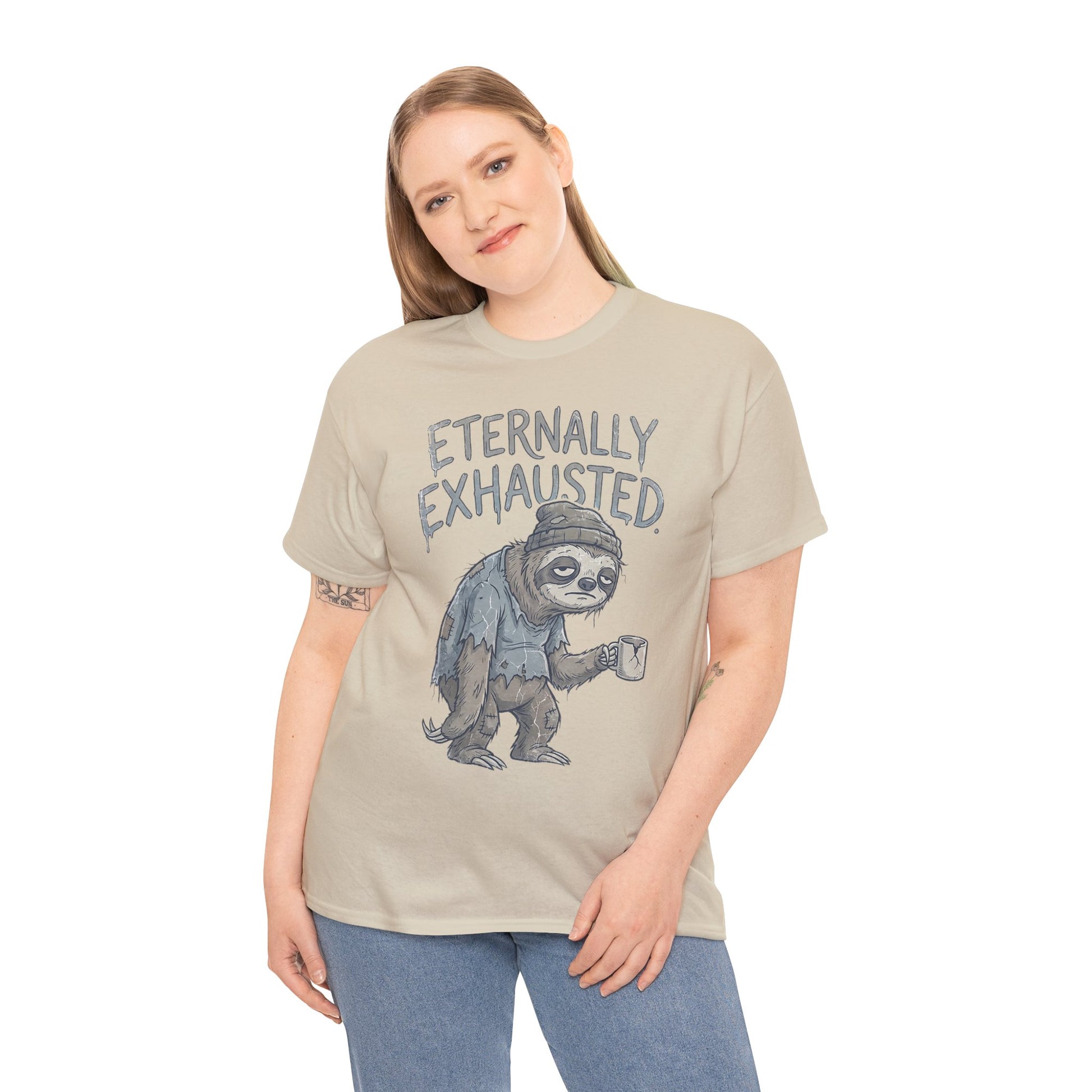 T-Shirt — 'Eternally Exhausted' Sloth Graphic Tee (Funny Coffee Lover Gift)