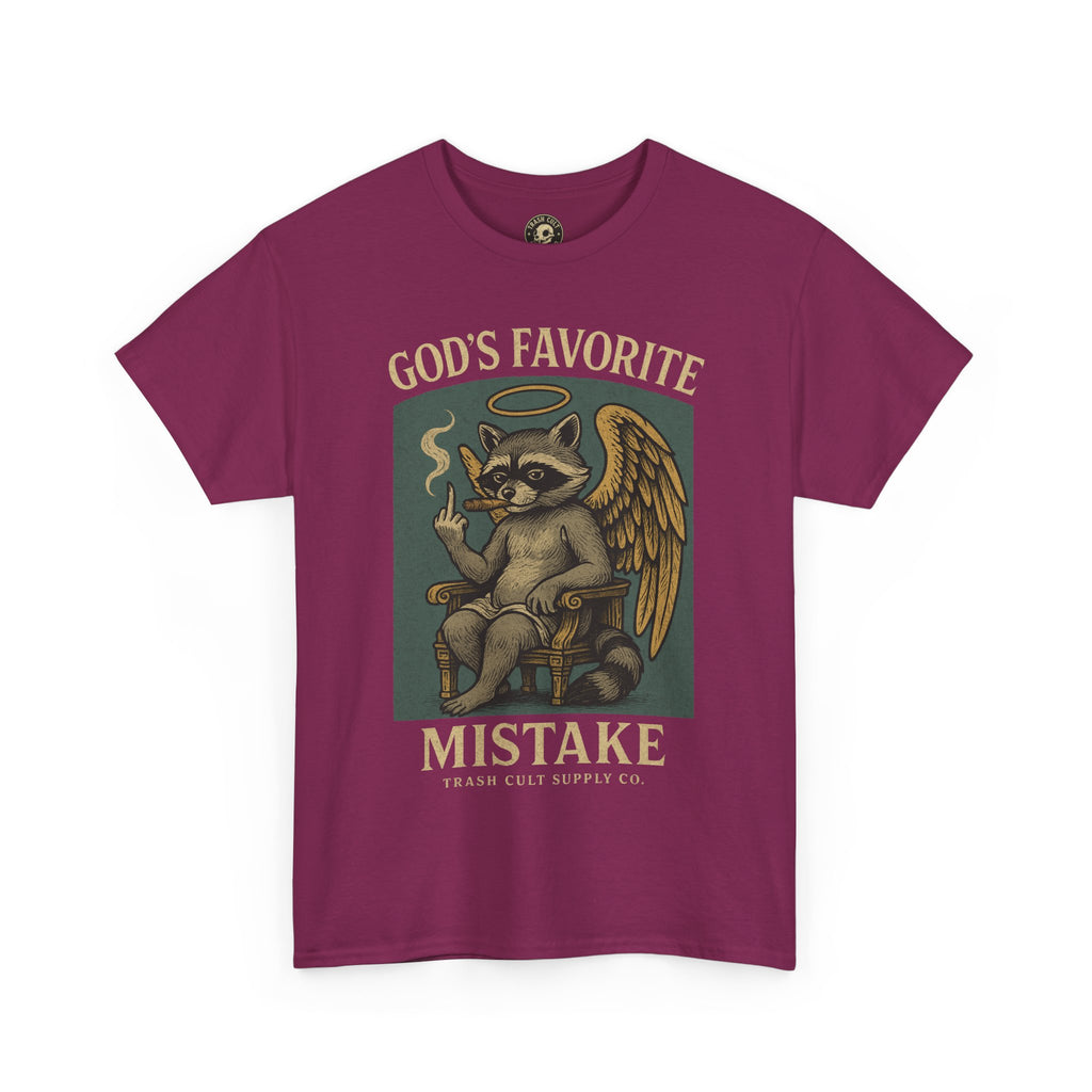 God’s Favorite Mistake Shirt – Raccoon Angel Flipping the Bird by Trash Cult Supply Co.