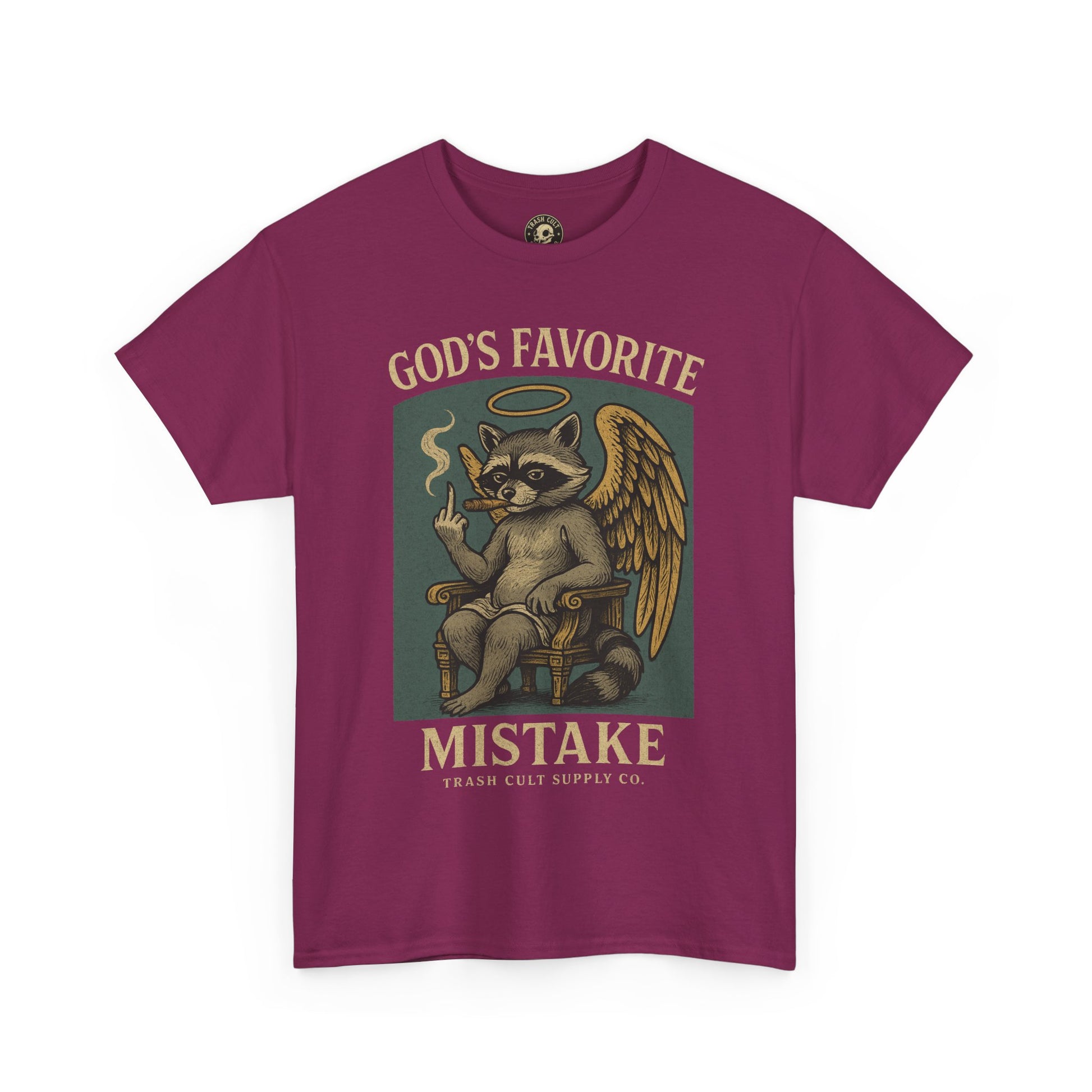 God’s Favorite Mistake Shirt – Raccoon Angel Flipping the Bird by Trash Cult Supply Co.
