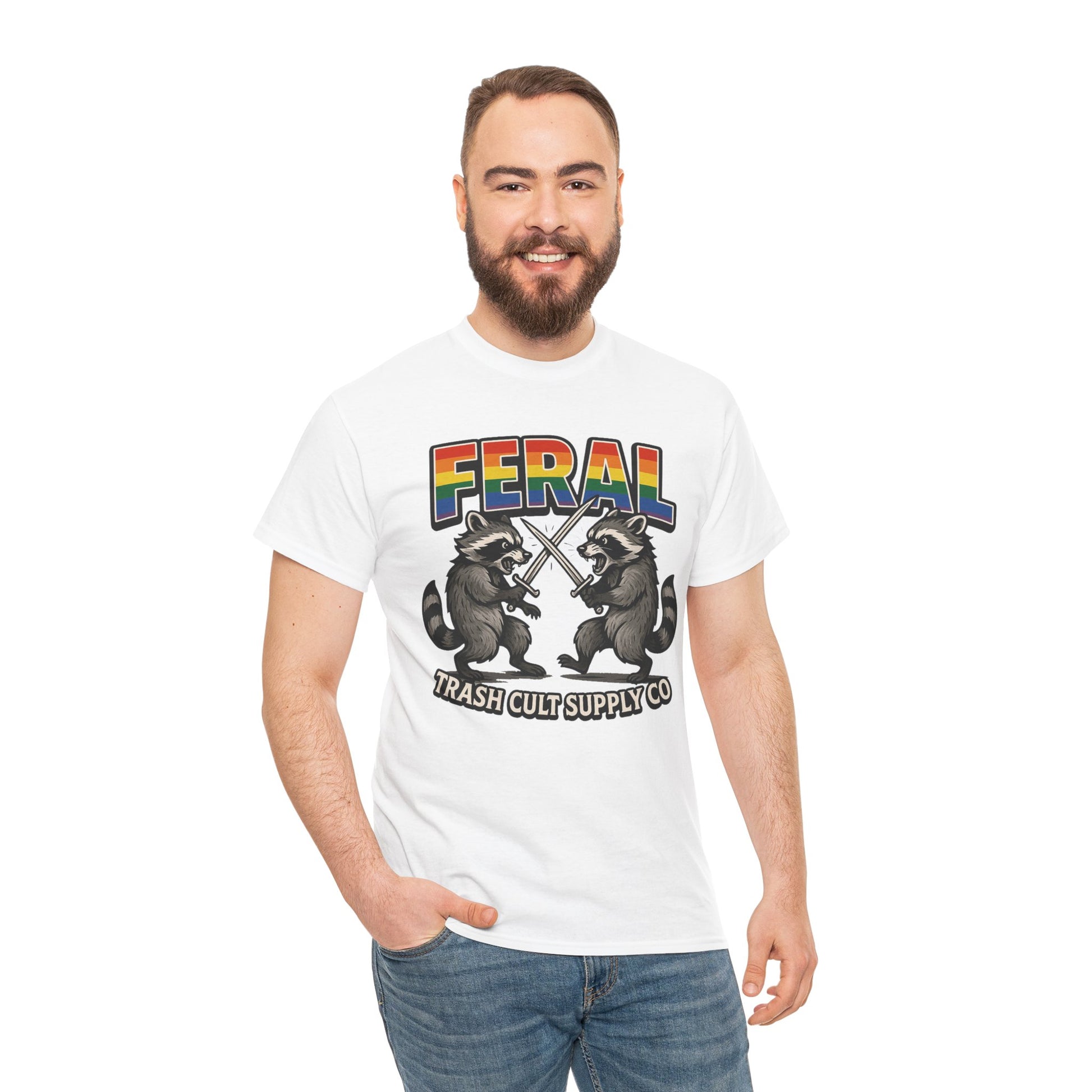 FERAL Rainbow Raccoon Sword Fighting Graphic Tee – Gildan 5000 Heavy Cotton