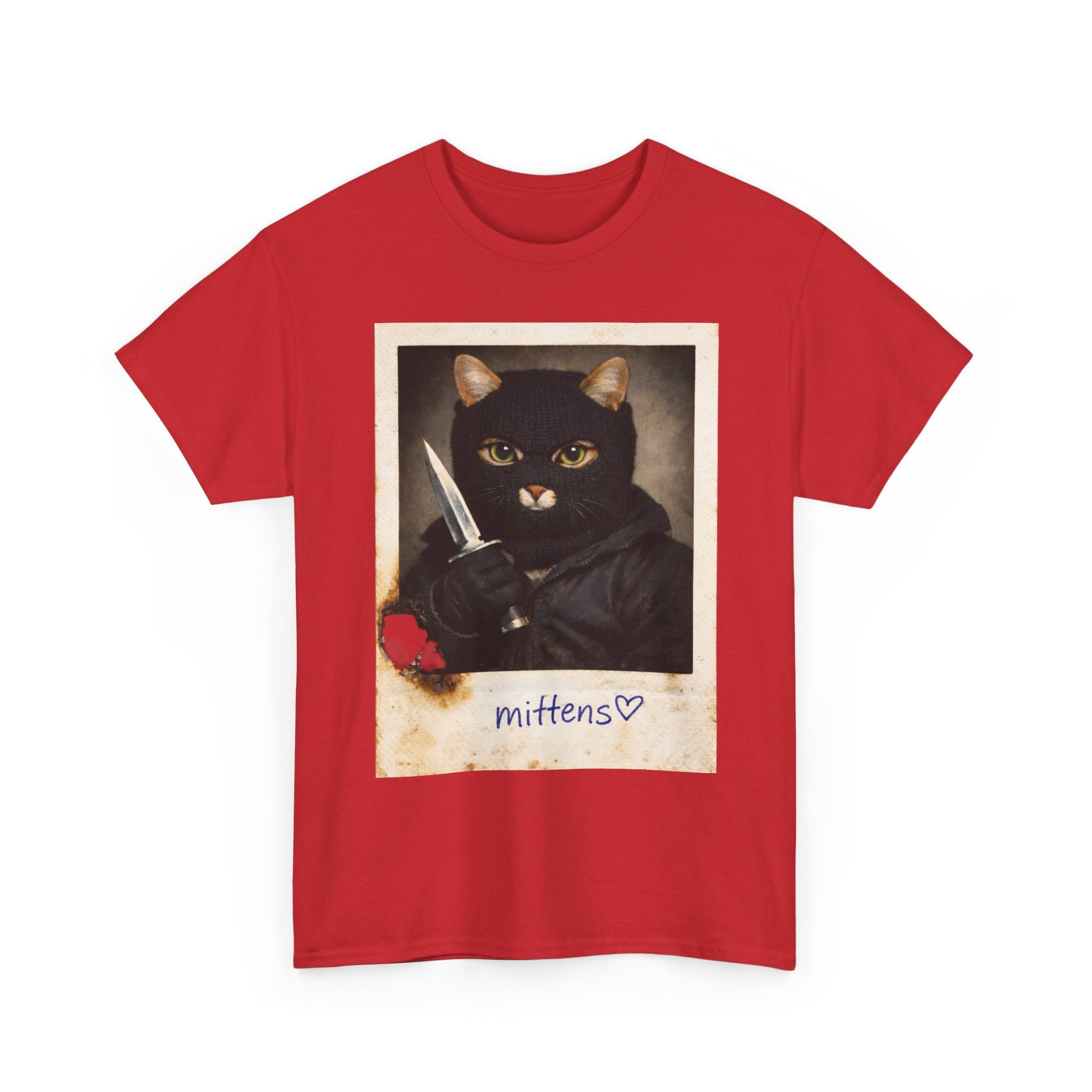 Cat With Knife Tee — "Mittens" Dark Humor Vintage Polaroid Graphic T-Shirt