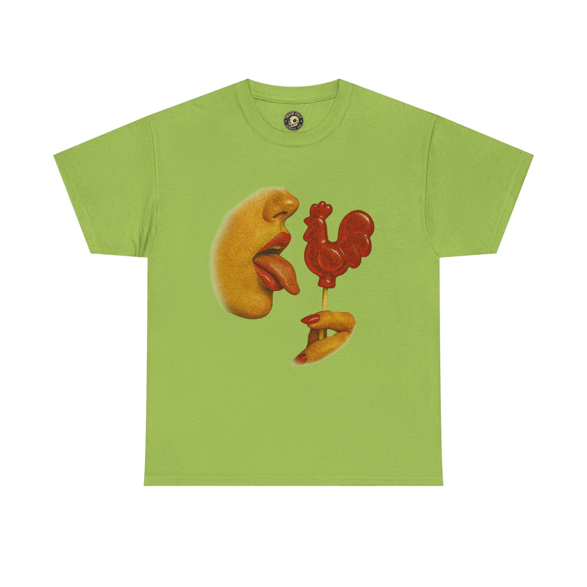 Bold Retro Halftone Tease – Red Rooster Lollipop Graphic Tee