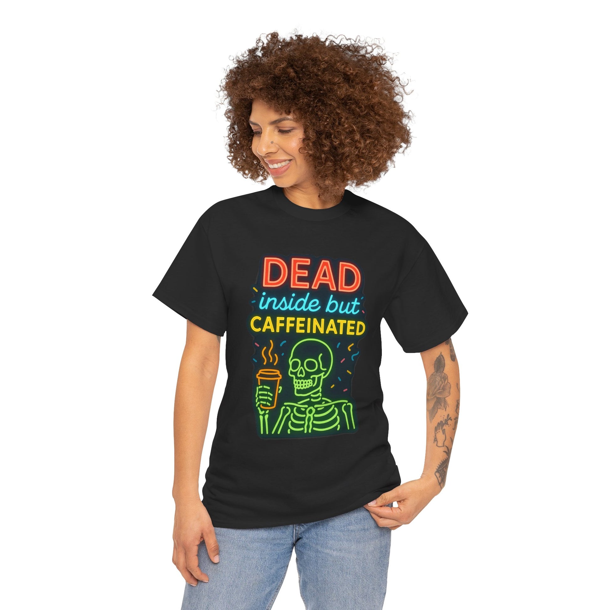Unisex Skeleton Tee, Dead Inside But Caffeinated Shirt, Funny Graphic Tee, Halloween Gift, Coffee Lover Shirt, Quirky Humor Top