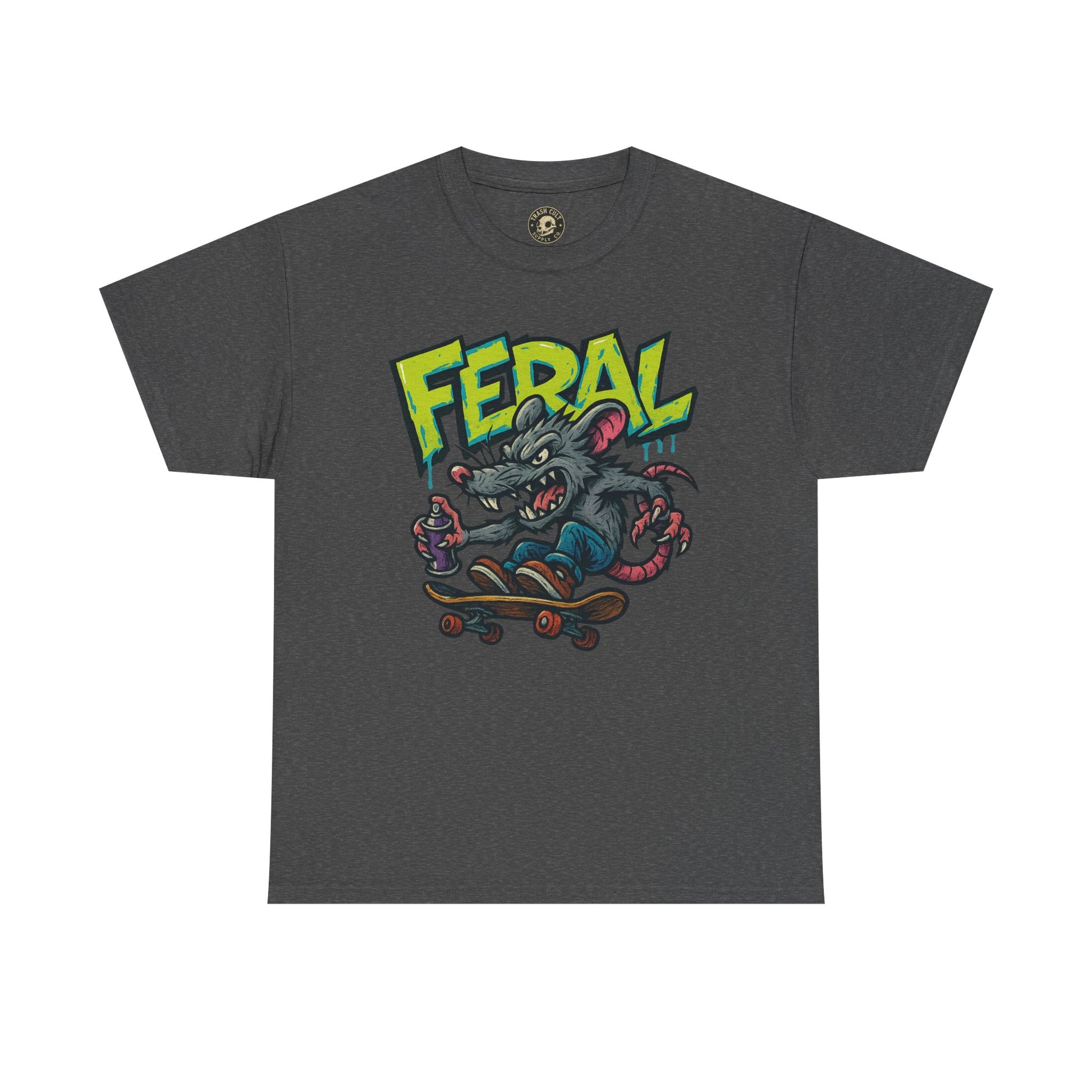FERAL Graffiti Rat Skate Tee – Street Art Spray Can Mouse on Skateboard | Gildan 5000 Heavy Cotton Shirt