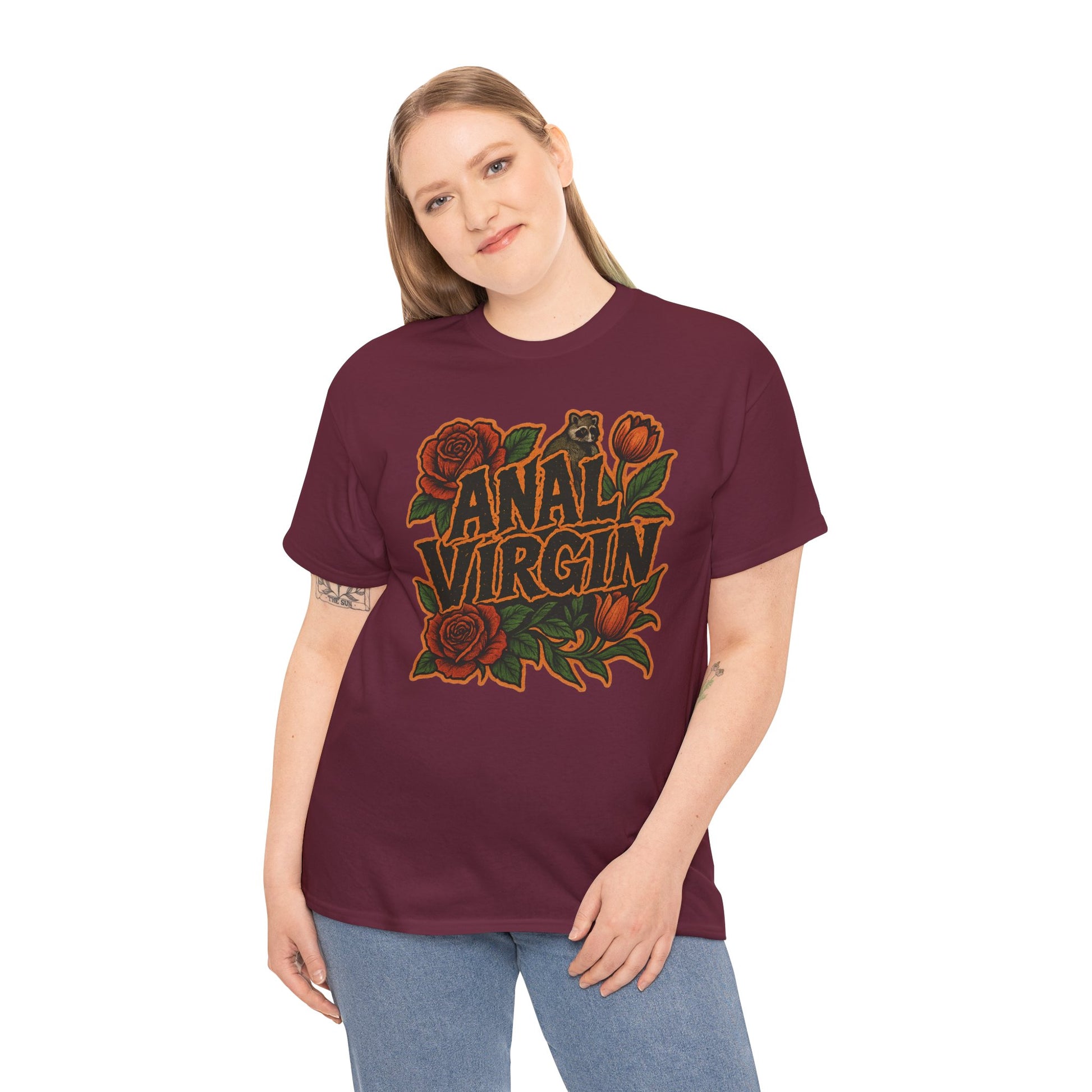 Anal Virgin Bold Floral Trashcore Tee – Funny Raccoon Shirt – Gildan 5000