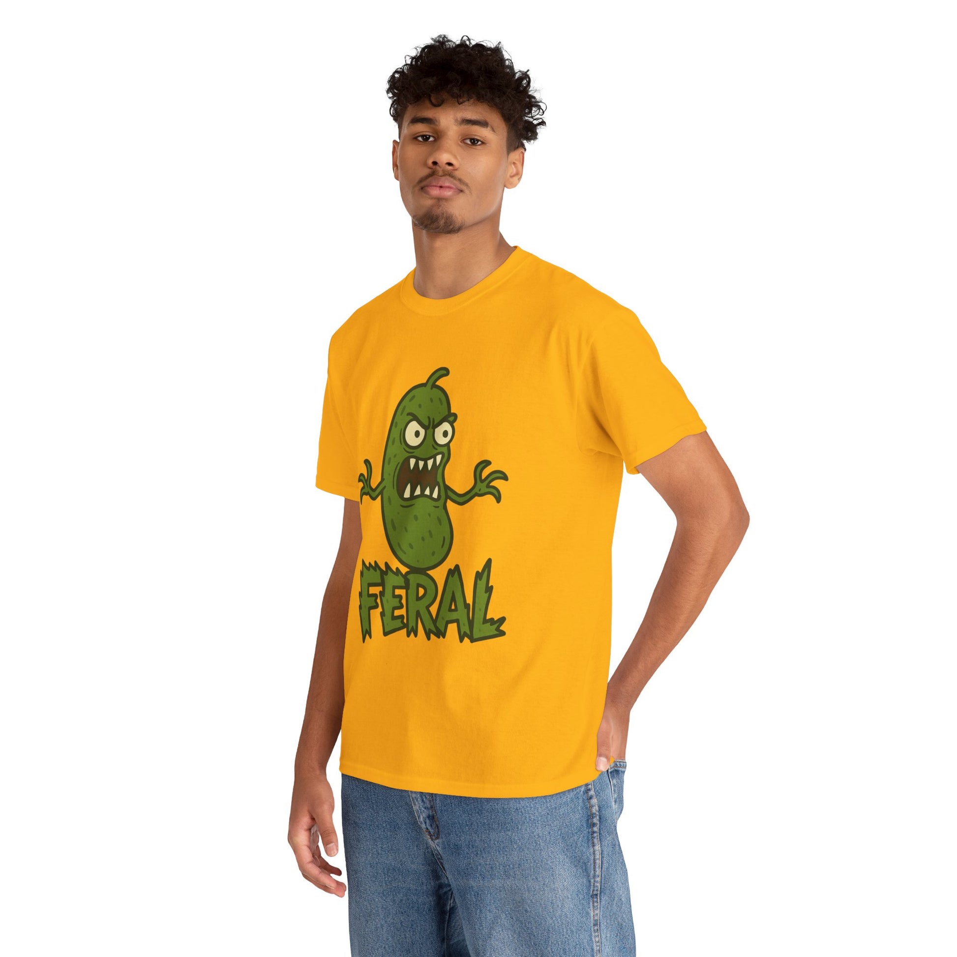 Feral Pickle Cartoon Tee – Trashcore Angry Pickle Shirt – Gildan 5000 Unisex Heavy Cotton