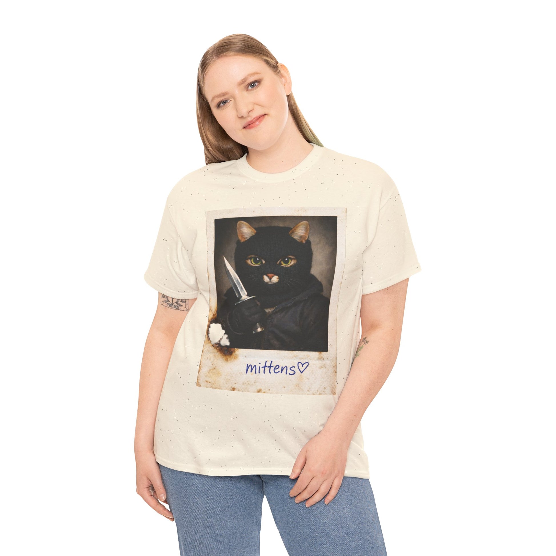 Cat With Knife Tee — "Mittens" Dark Humor Vintage Polaroid Graphic T-Shirt