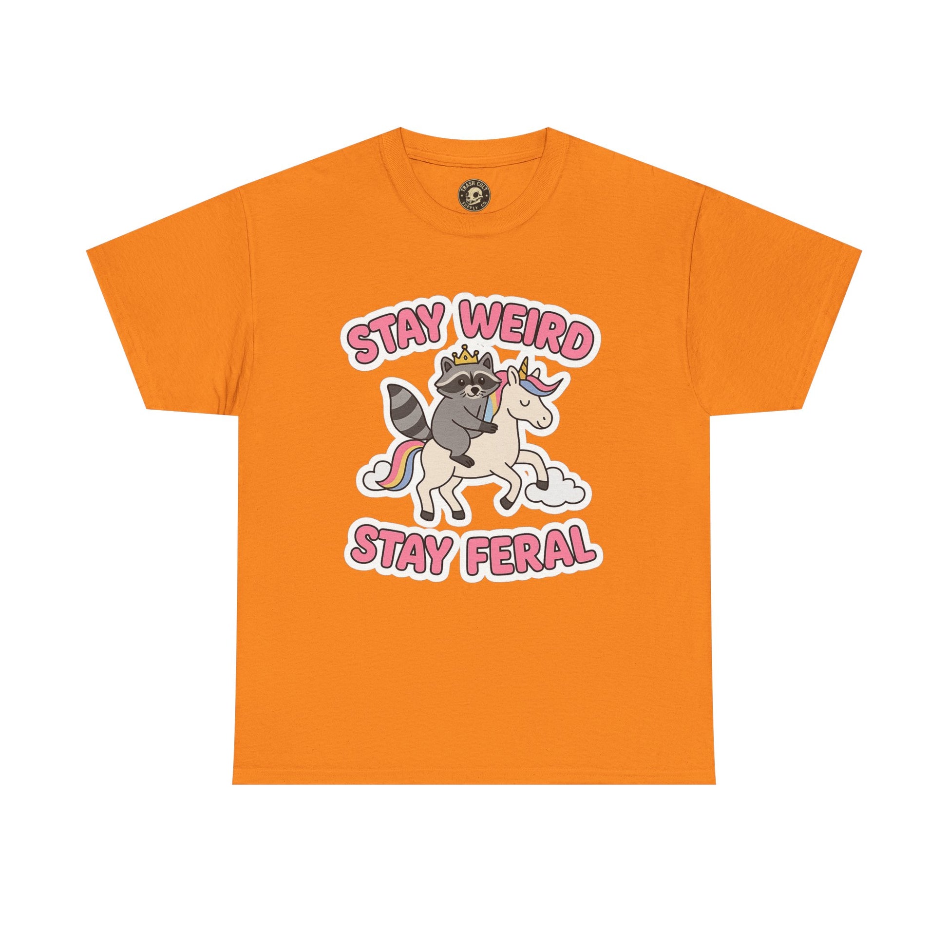 Stay Weird Stay Feral Shirt – Raccoon & Unicorn – High Visibility Gildan 5000 Tee