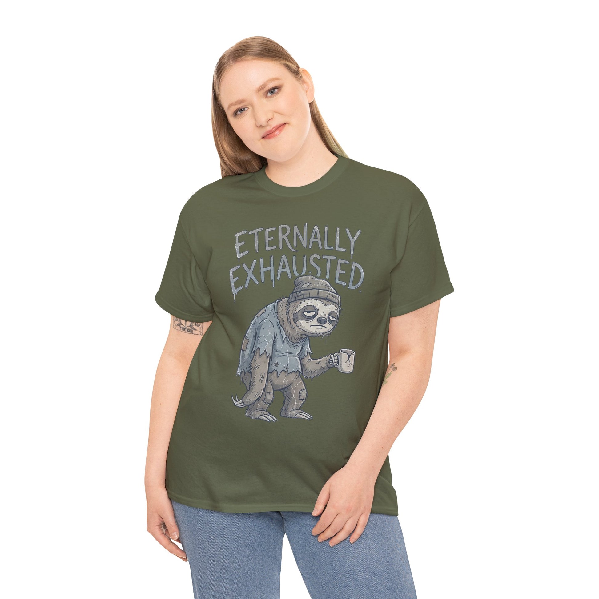 T-Shirt — 'Eternally Exhausted' Sloth Graphic Tee (Funny Coffee Lover Gift)
