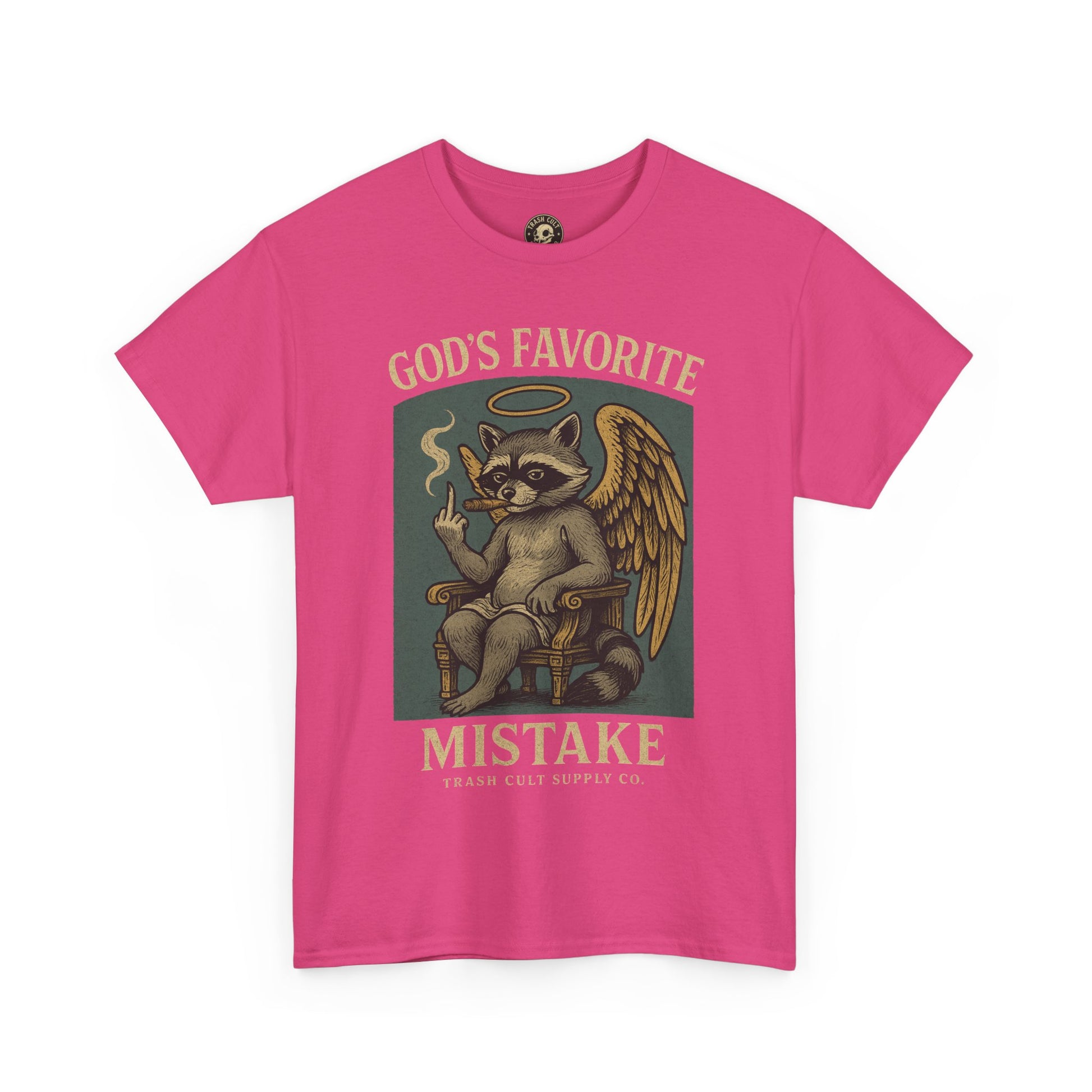 God’s Favorite Mistake Shirt – Raccoon Angel Flipping the Bird by Trash Cult Supply Co.