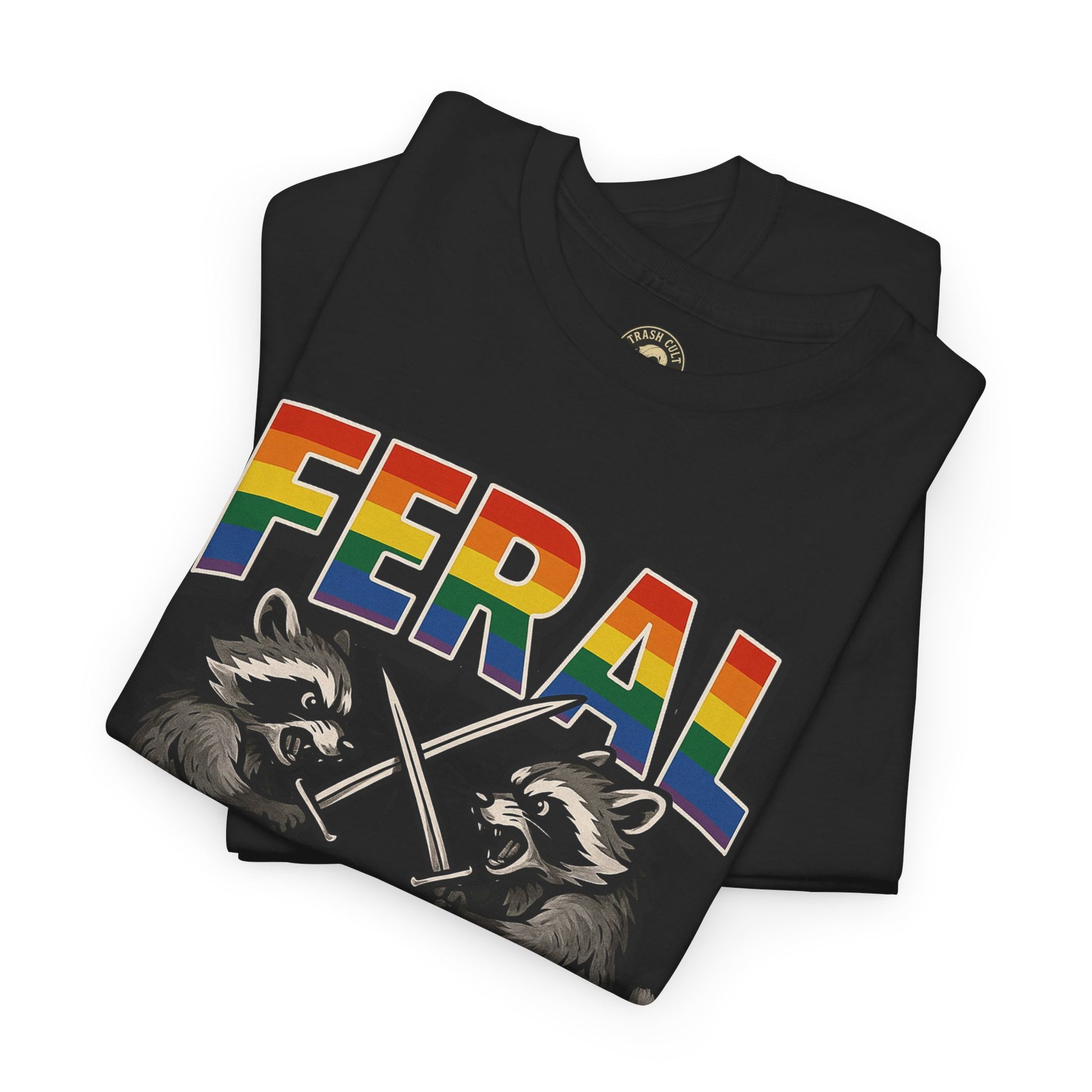 FERAL Rainbow Raccoon Sword Fighting Graphic Tee – Gildan 5000 Heavy Cotton