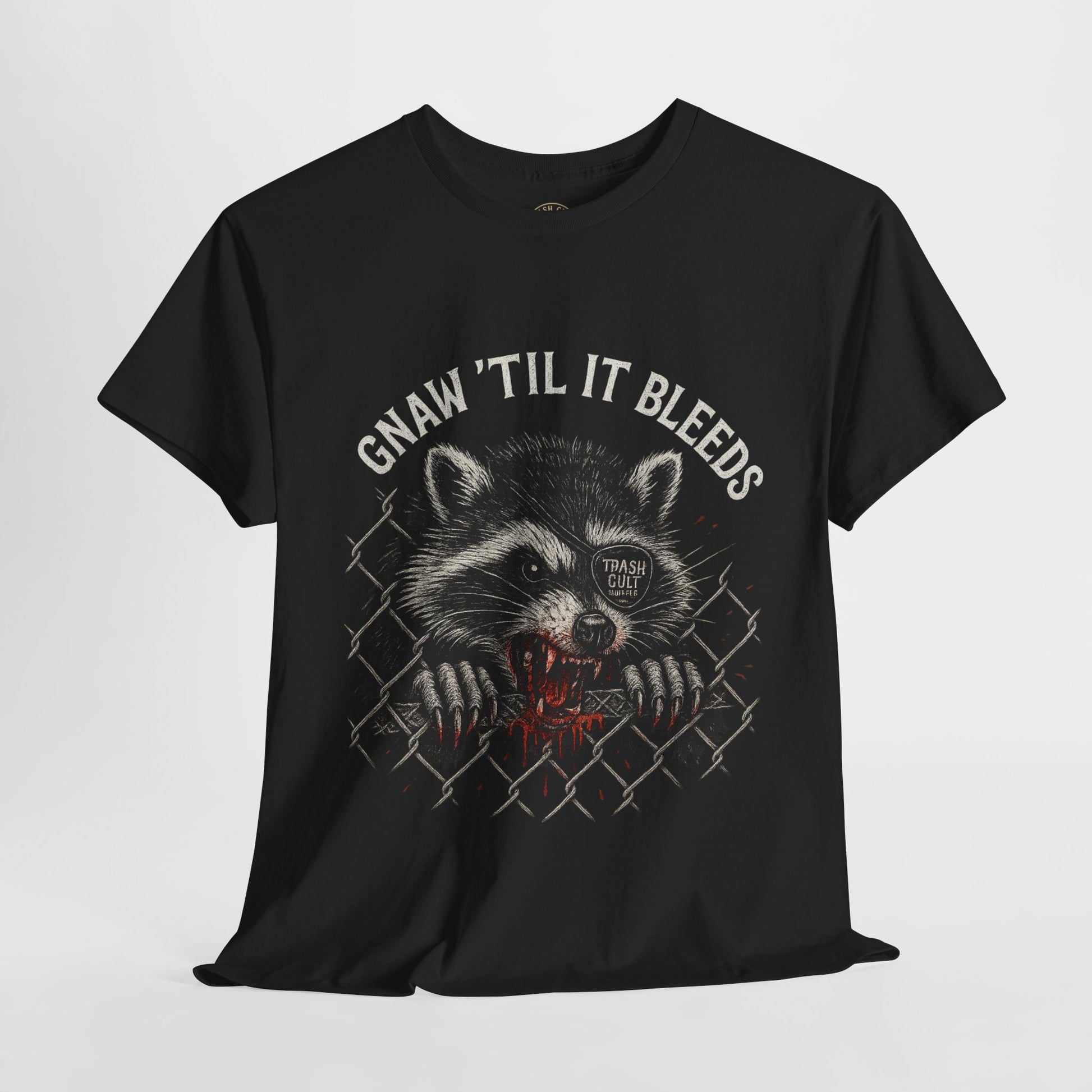 Gnaw ’Til It Bleeds Raccoon Tee – Feral Trash Cult Shirt, Metalcore Punk Animal Graphic, Gildan 5000 Unisex Black T-Shirt