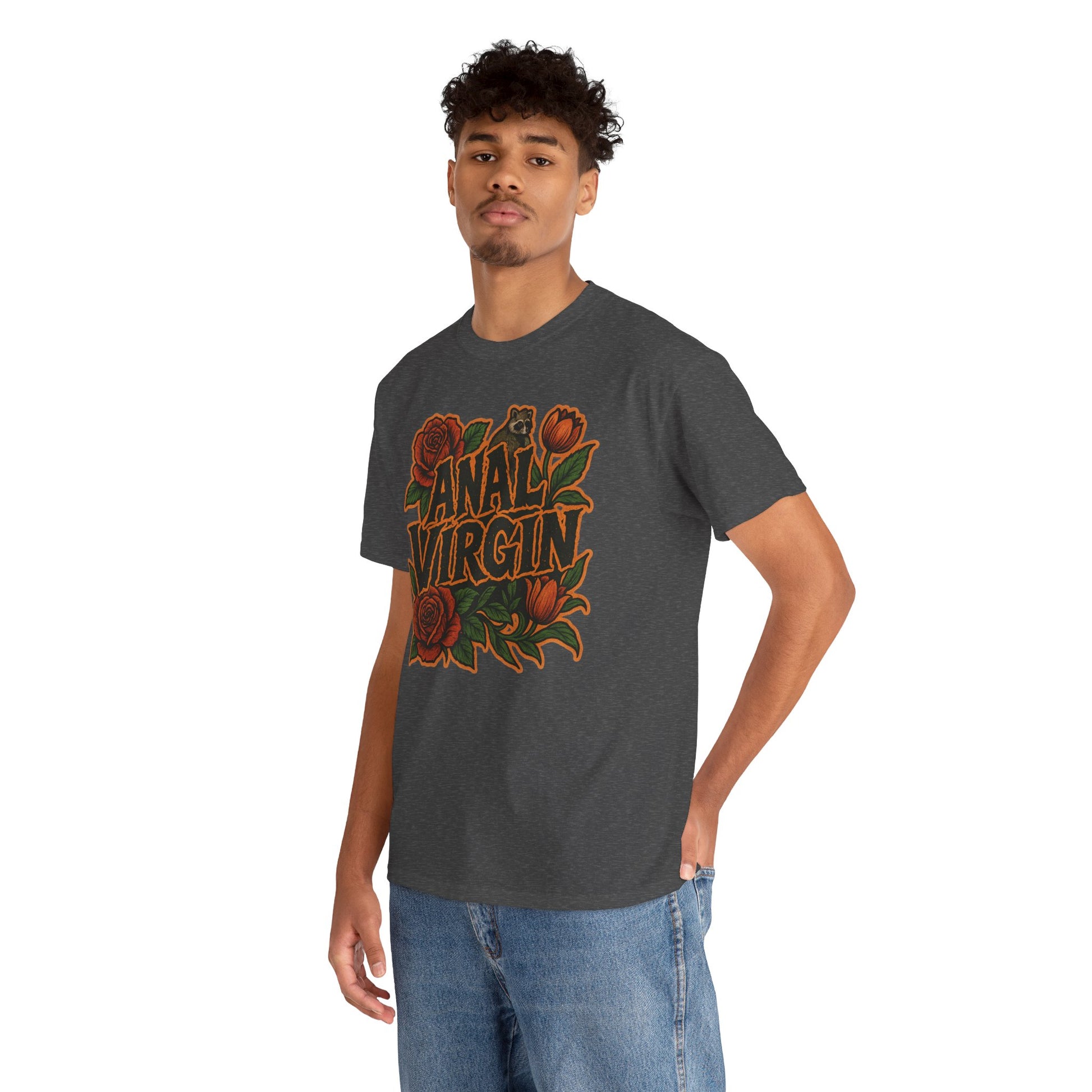 Anal Virgin Bold Floral Trashcore Tee – Funny Raccoon Shirt – Gildan 5000