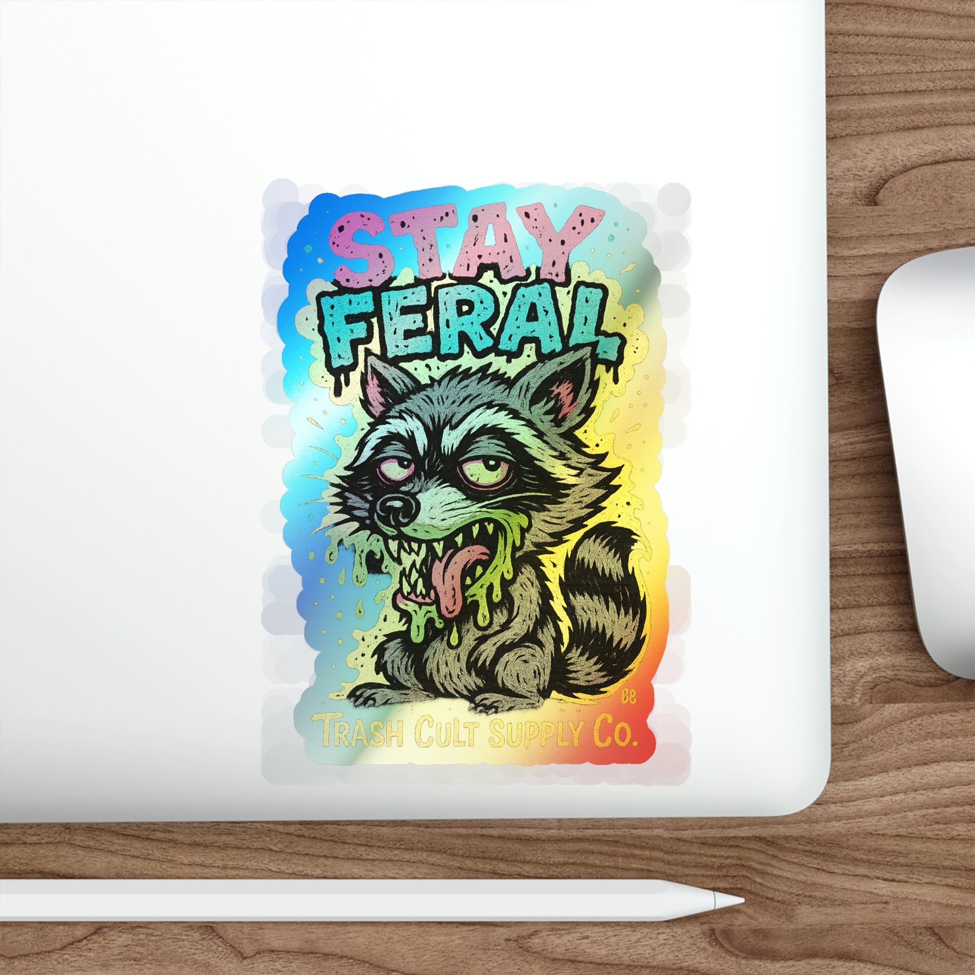 Holographic Die-Cut Stickers - Stay Feral, Fun Decor, Skateboard Accessories, Cool Vibe, Gift for Animal Lovers, Distinctive Art