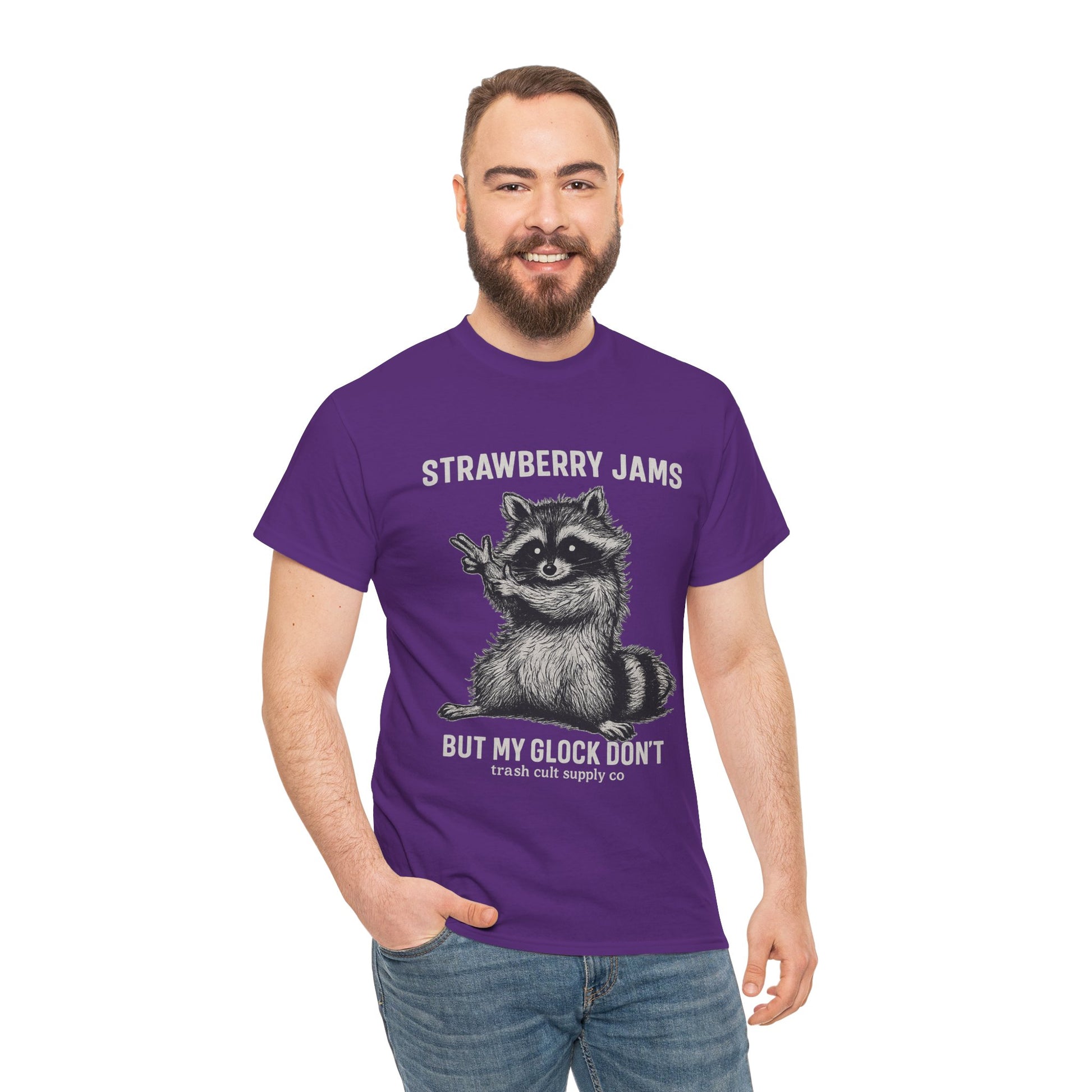 Strawberry Jams But My Glock Don’t Raccoon Shirt – Trash Cult Supply Co. Gildan 5000 Tee