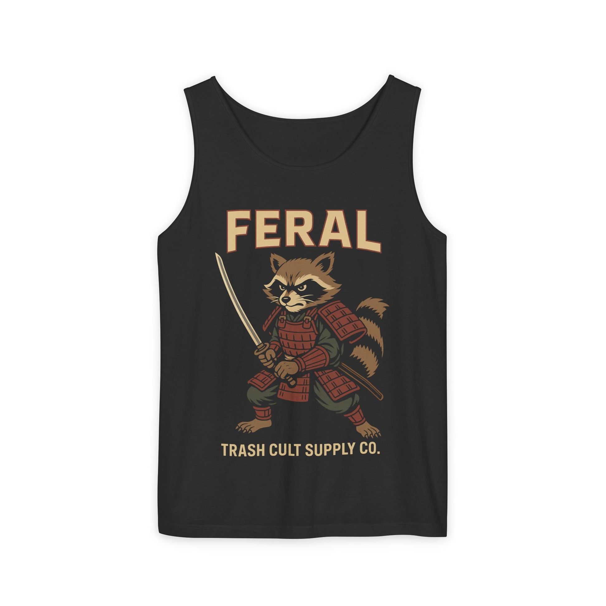 Feral Samurai Raccoon Tank Top, Unisex Graphic Tee, Summer Shirt, Gift for Animal Lovers, Trendy Outdoor Wear