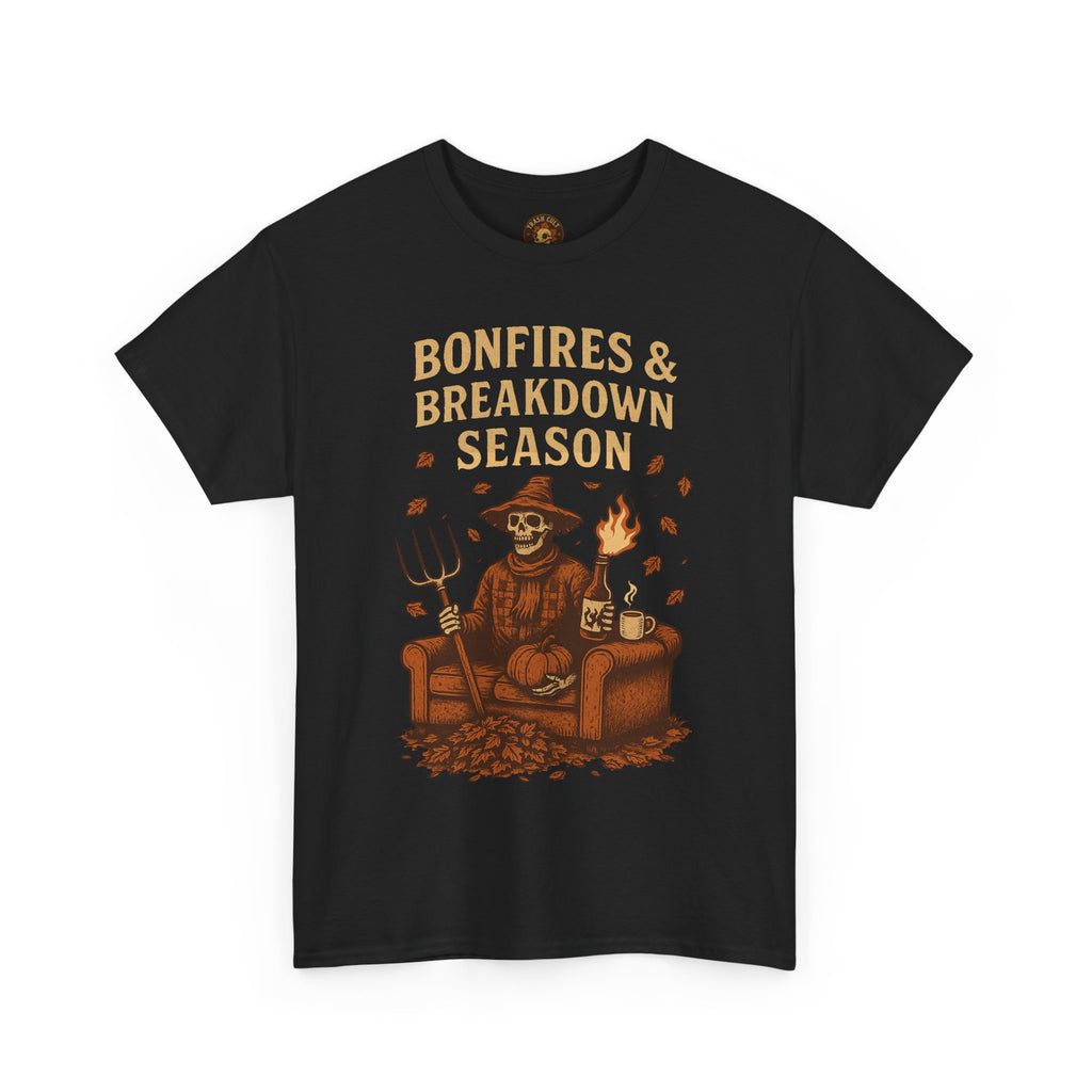 Bonfires & Breakdown Season Shirt – Skeleton Couch Chaos Tee – Fall of Humanity Collection – Trash Cult Supply Co.