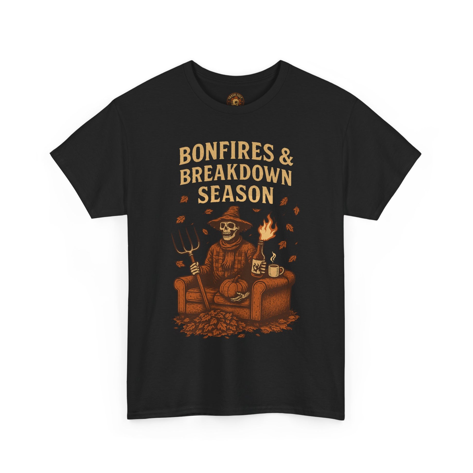 Bonfires & Breakdown Season Shirt – Skeleton Couch Chaos Tee – Fall of Humanity Collection – Trash Cult Supply Co.